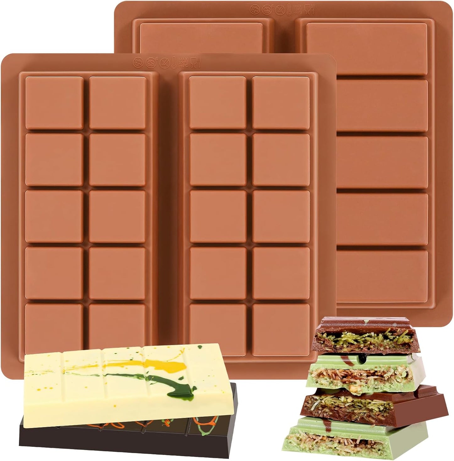 Dubai Chocolate Molds 1 Inch Deep, Silicone Chocolate Bar Mold – Non-Stick, Flexible, Large and Thick Homemade Chocolates, Candies, and Desserts - Set of 2