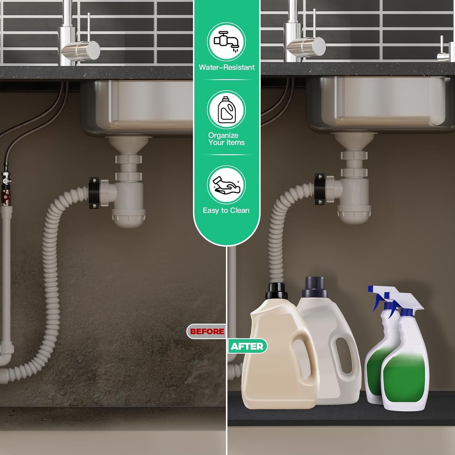 TRZZ Silicone Waterproof Under Sink Mat 22" x 19", Drip Tray and Cabinet Liner for Kitchen and Bathroom, Prevents Water Damage and Organizes Cabinets (Black)