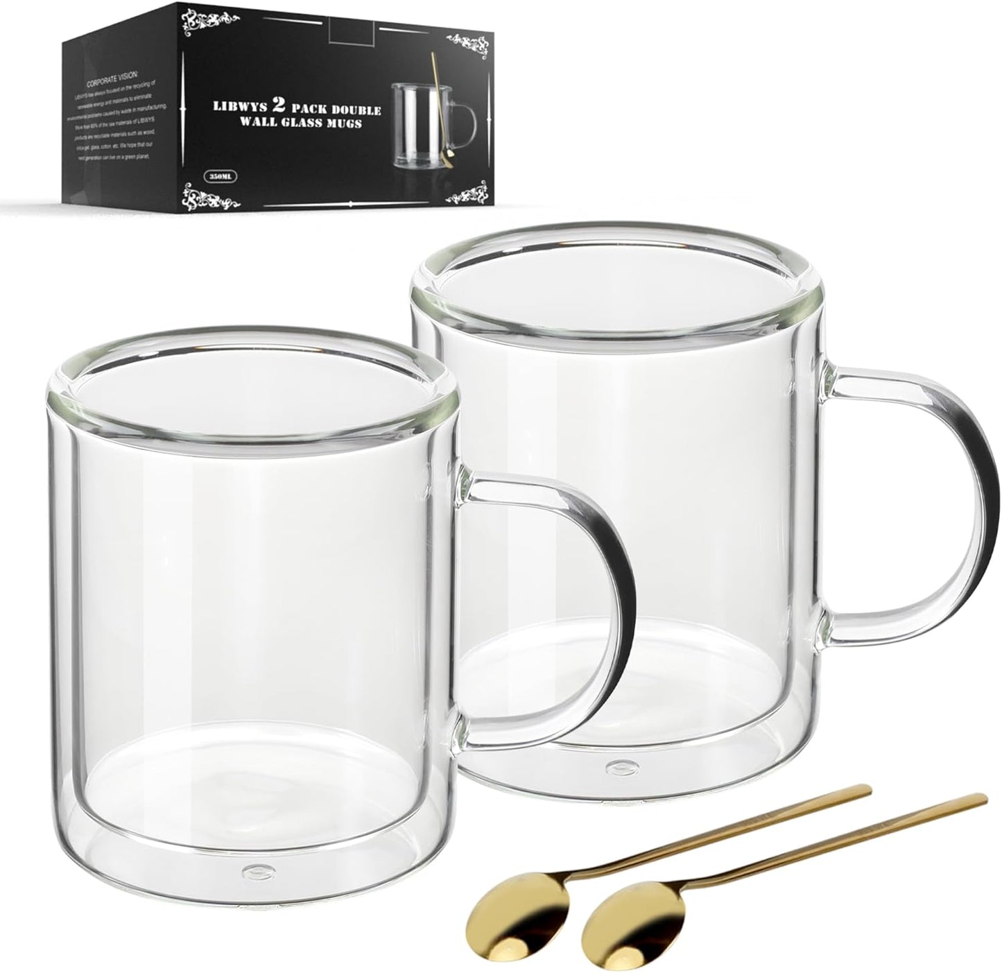 LIBWYS 12oz Double Wall Coffee Mugs (2 Pack) - Insulated Borosilicate Glass Cups with Handle for Espresso, Cappuccino, Latte - Heat Resistant, Dishwasher Safe Hot/Cold Beverage Glasses 350ml