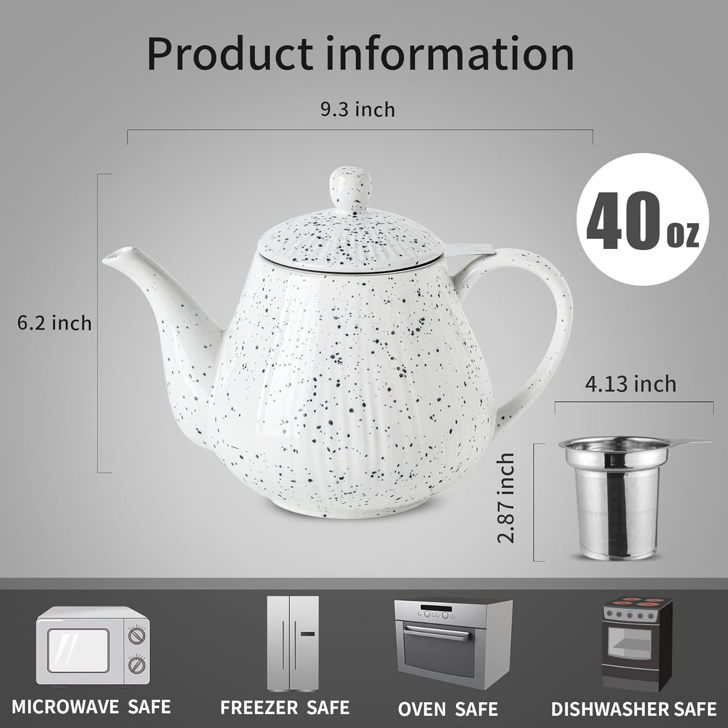 KOOV Ceramic Teapot with Infuser, 40 ounce Tea Pot with Infuser for Loose Tea, Large Enough For 6 Cups, Tea Pot with Tea Strainers, Splash Series (Splashed White)