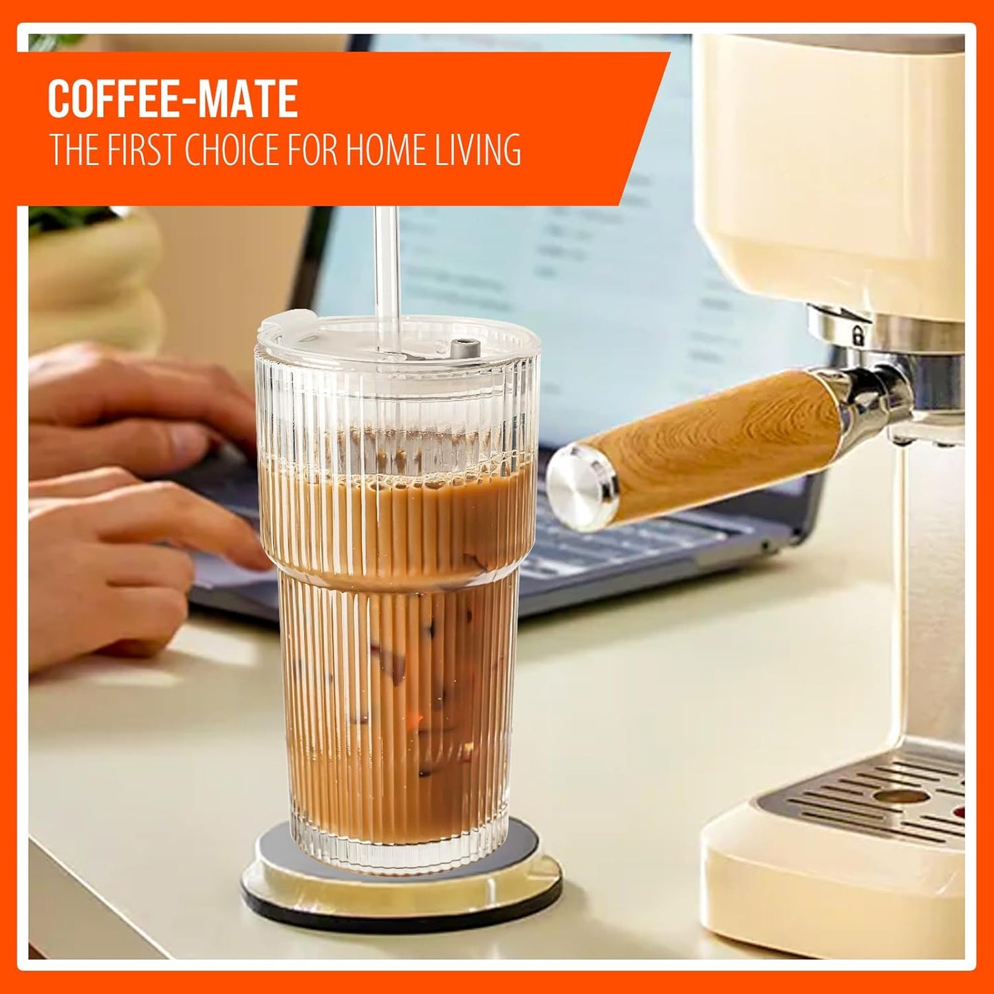 20oz Ribbed Glass Tumblers with Lids & Straws, Ideal for Iced Coffee, Cocktails & More - Includes Cleaning Brush