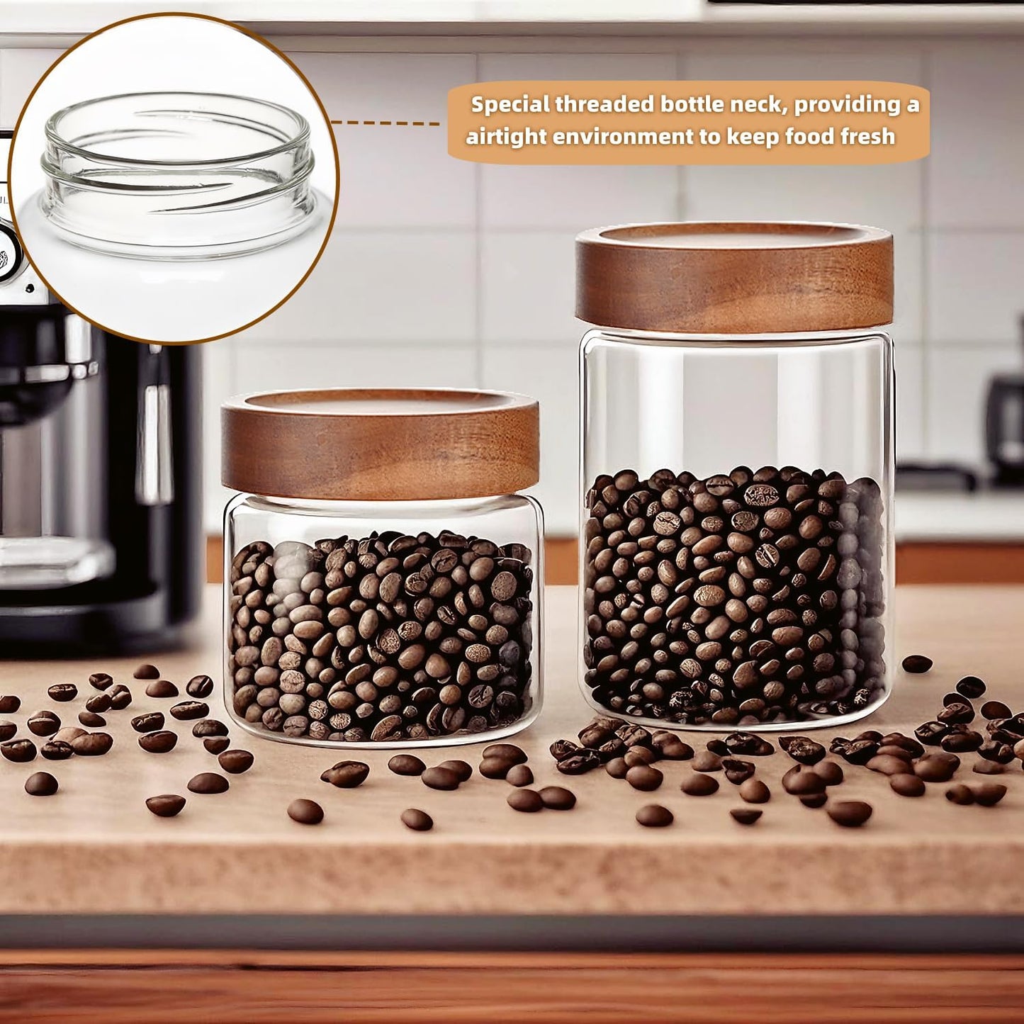 17 Fl oz/500 ml Glass Food Storage Jar, Premium Clear Glass Container Jar with Airtight Wooden Screw Lid, Kitchen Canisters for Coffee,Tea,Pasta,Cookies, Nuts,Spice,Candy,Overnight Oatmeal（Small)