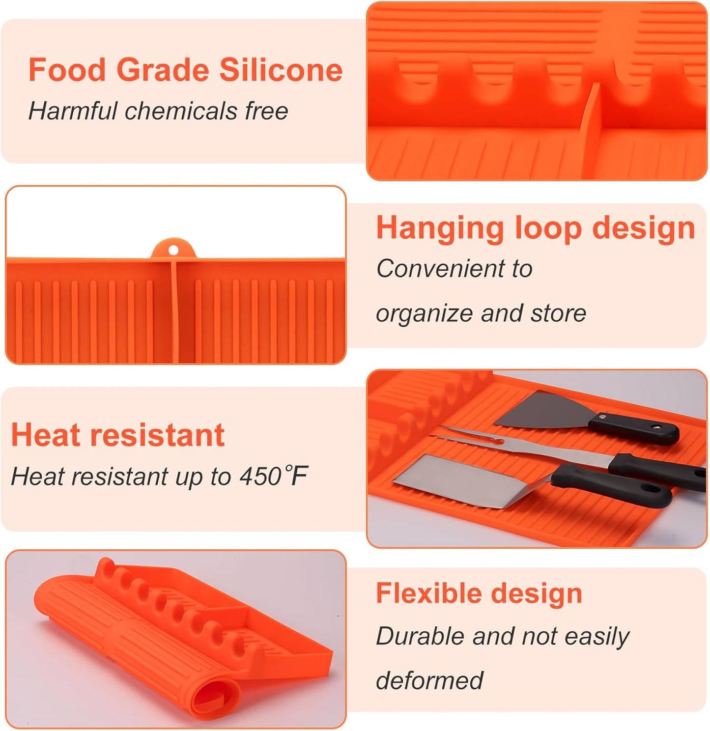 GOSALISU Silicone Grill Mat for Blackstone, Reusable Griddle Tools Mat with Drip Pad, Spatula Mats for Outdoor Grill Kitchen Countertop, Barbeque Accessories (Orange)