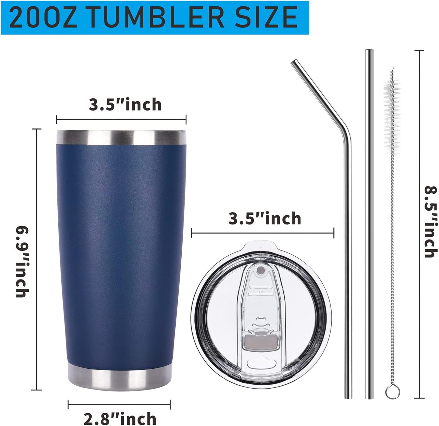 Pandance 20oz Stainless Steel Insulated Tumblers with Lid and Straw Bulk, Double Wall Vacuum Water Cups for Hot & Iced Coffee Drinks Travel Mug (Navy Blue, 1 pack)
