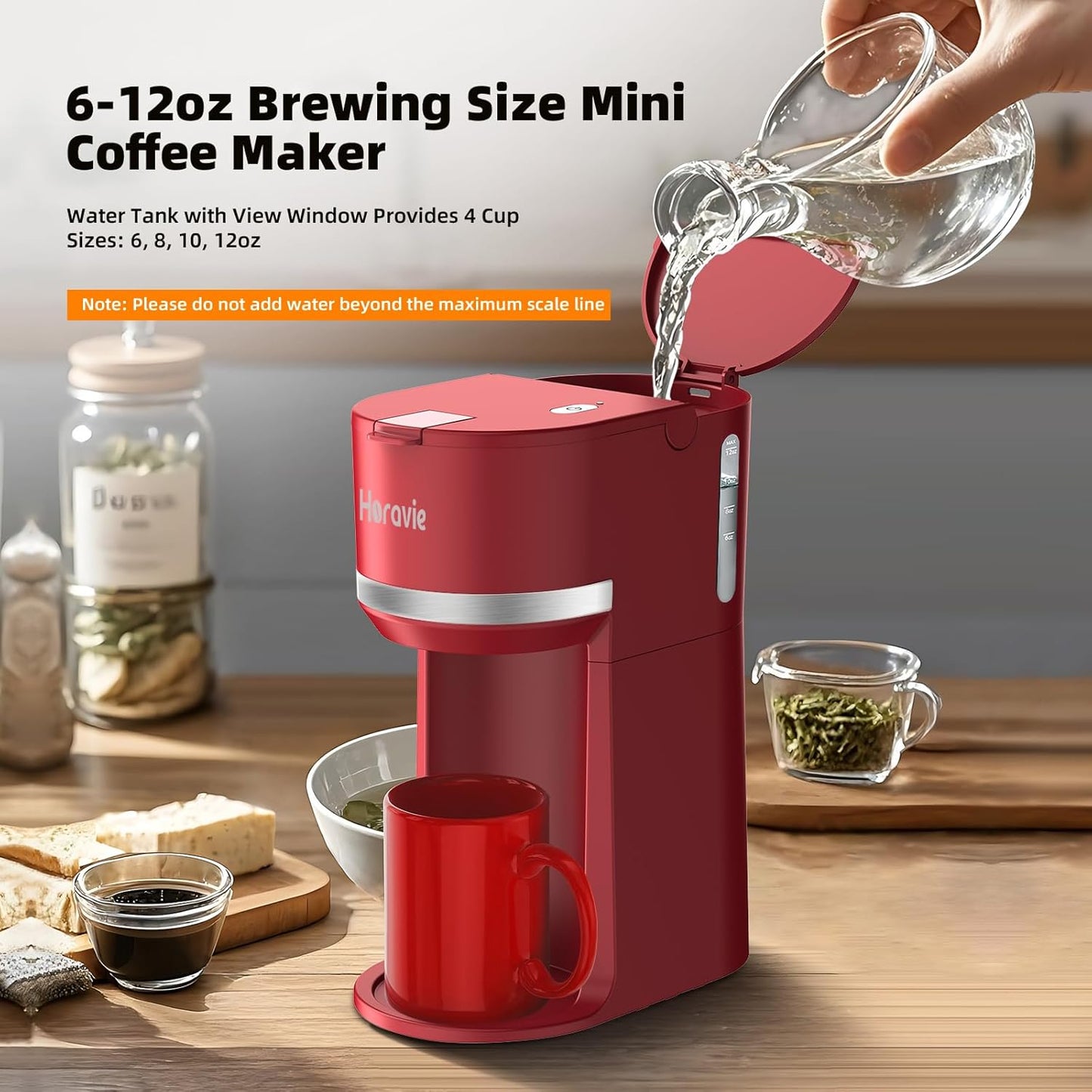 Mini Single Serve Coffee Maker for K Cup and Ground Coffee, Fast Brew One Cup Coffee Machine with Descaling Reminder and Water Window, 6 to 12 oz. Brew Sizes, Red
