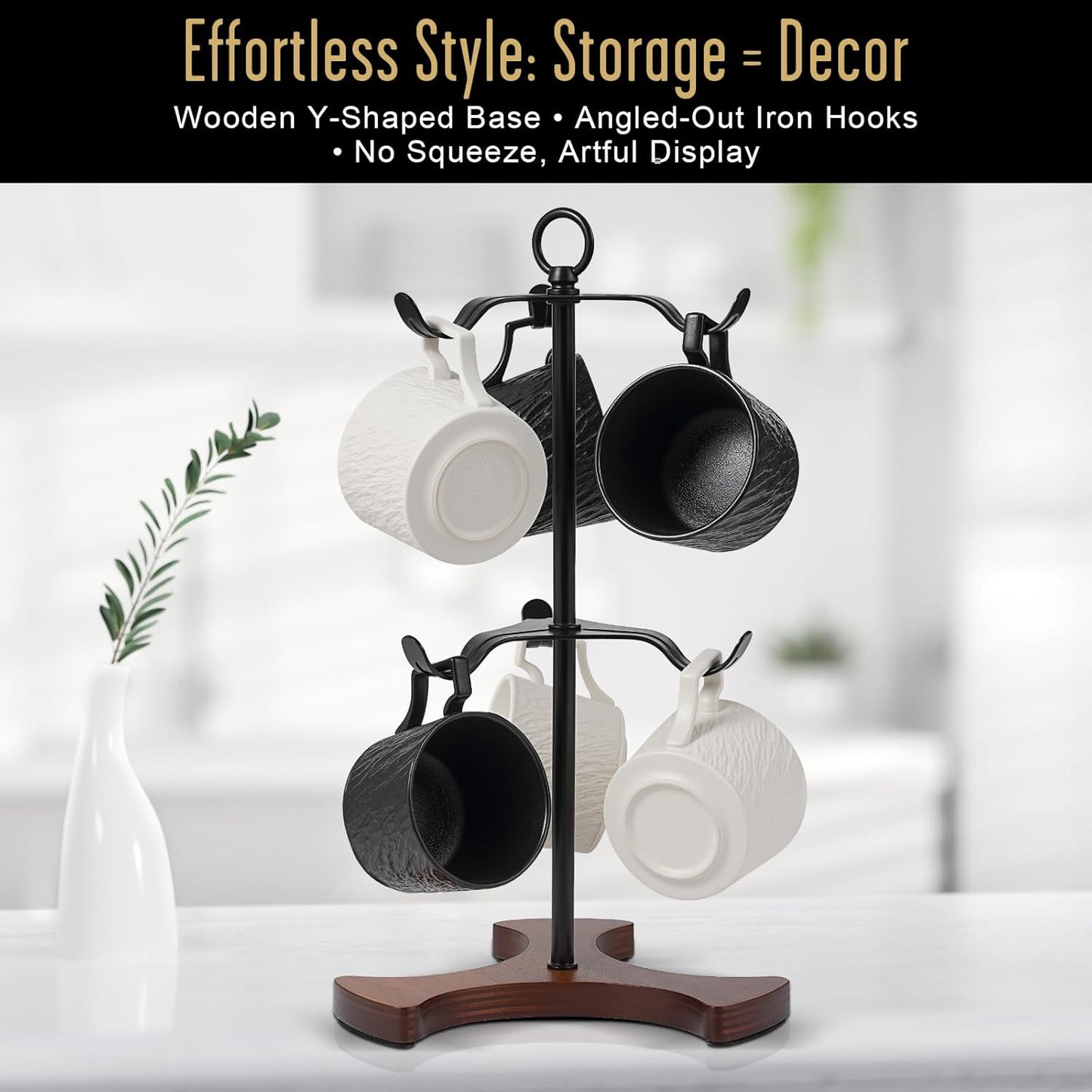 Mug Tree Y-Shaped, Coffee Mug Holder with Angled - Out Iron Hooks (No More Squeezing!), Solid Wood Base & Sturdy Iron Coffee Cup Rack, 6 Hook, Tools Included, Easy Install, Elevate Kitchen Nook Décor