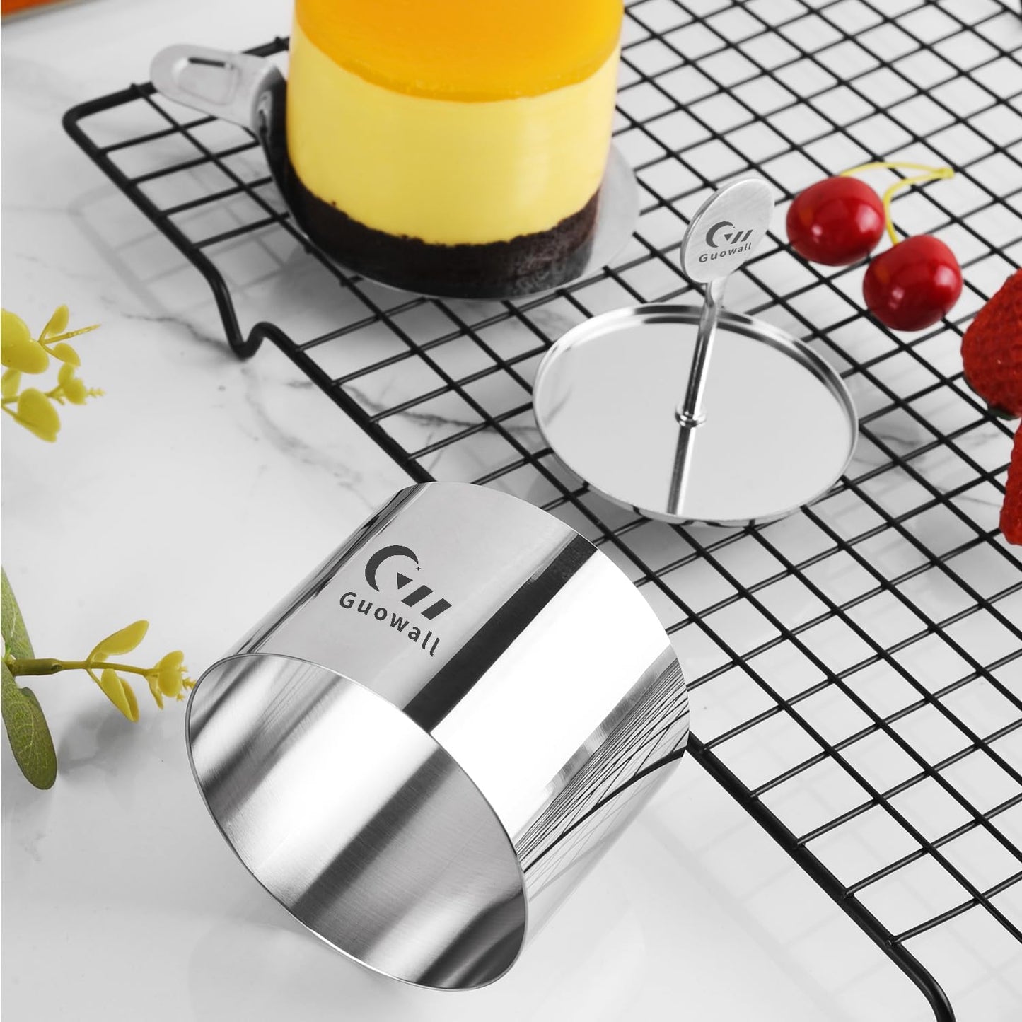 Guowall 6 Pack Seamless Cake Ring Molds Stainless Steel Mousse Rings 3 Inch Round Pastry Cutter for Baking (Includes 6 Rings 1 Pusher and 1 Lifter)