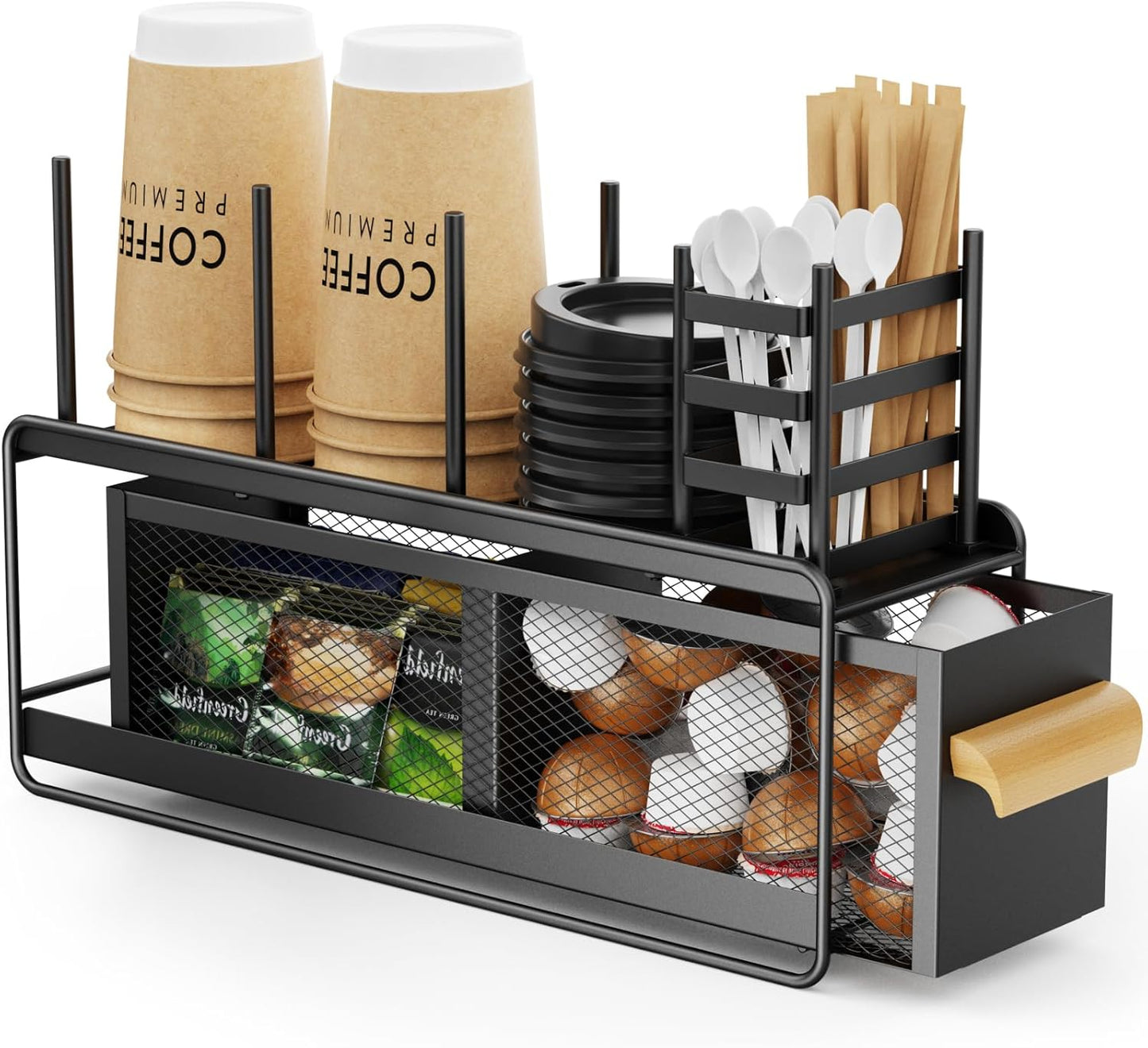 GSlife Cup and Lid Holder with Drawer - Metal Coffee Cup Dispenser with Straw Organizer, Narrow Coffee Bar Station for Countertop Kitchen Breakroom, Black