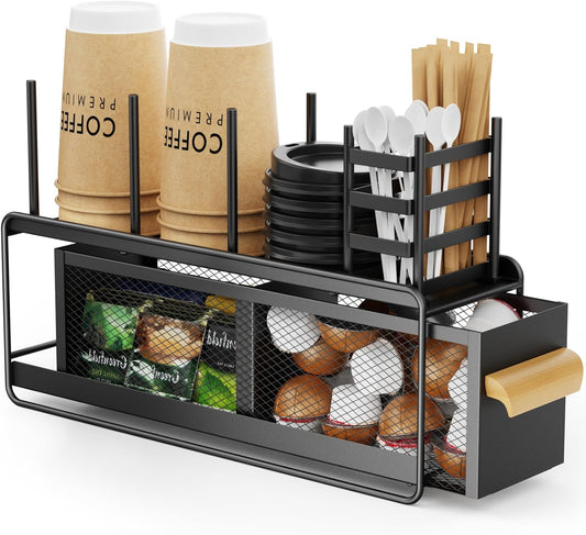 GSlife Cup and Lid Holder with Drawer - Metal Coffee Cup Dispenser with Straw Organizer, Narrow Coffee Bar Station for Countertop Kitchen Breakroom, Black