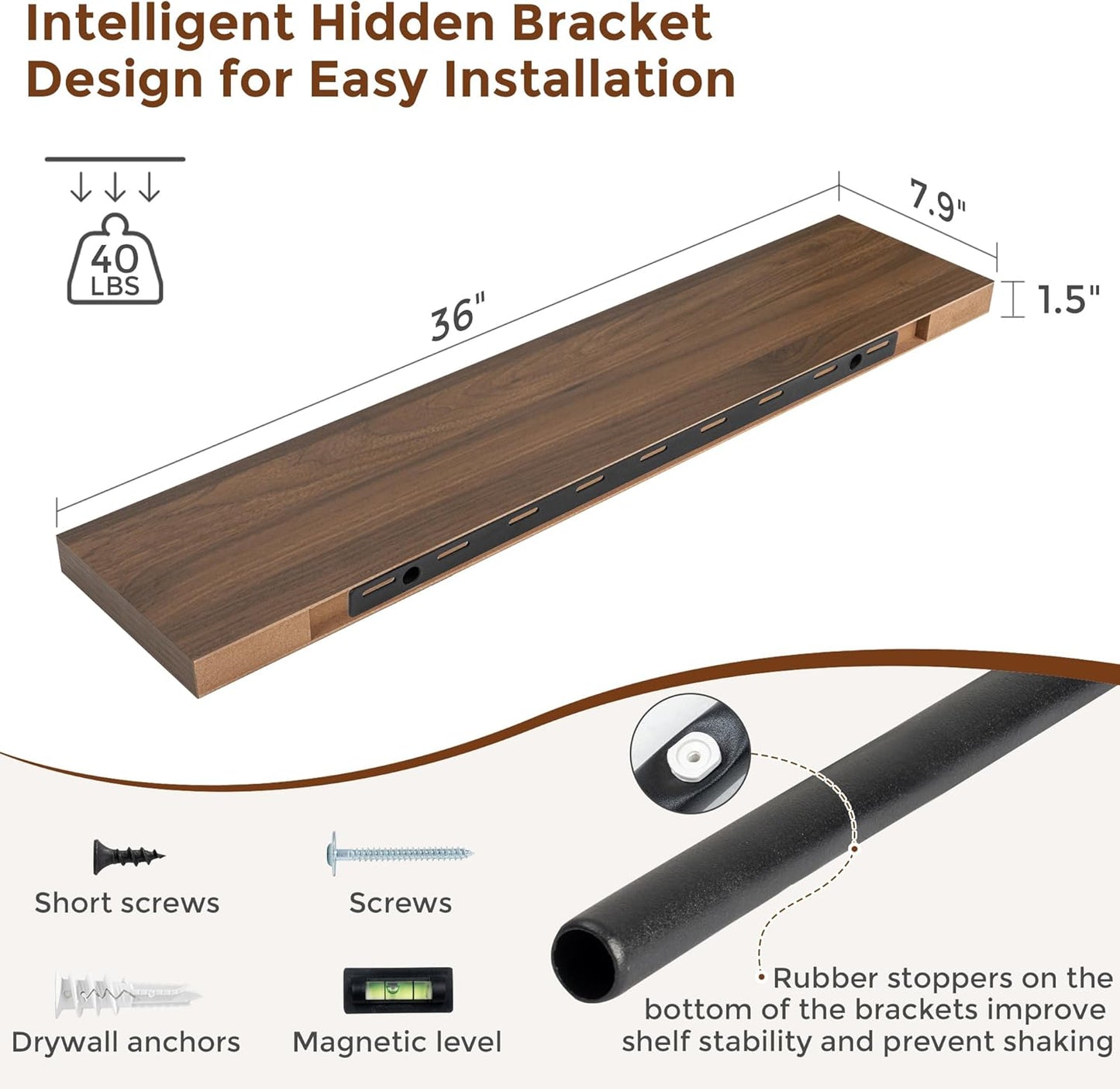 Heimlove 36 Inch Floating Shelves for Wall 8 Inch Deep Walnut Shelves Set of 2,Wall Mounted Rustic Wood Long Floating Shelf with Invisible Brackets for Bedroom Kitchen Living Room