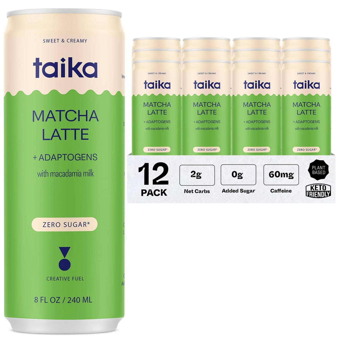 Taika Matcha Latte Iced Matcha Latte, Organic Ceremonial Grade Matcha w/Ashwagandha, 8 Fl Oz (Pack of 12))