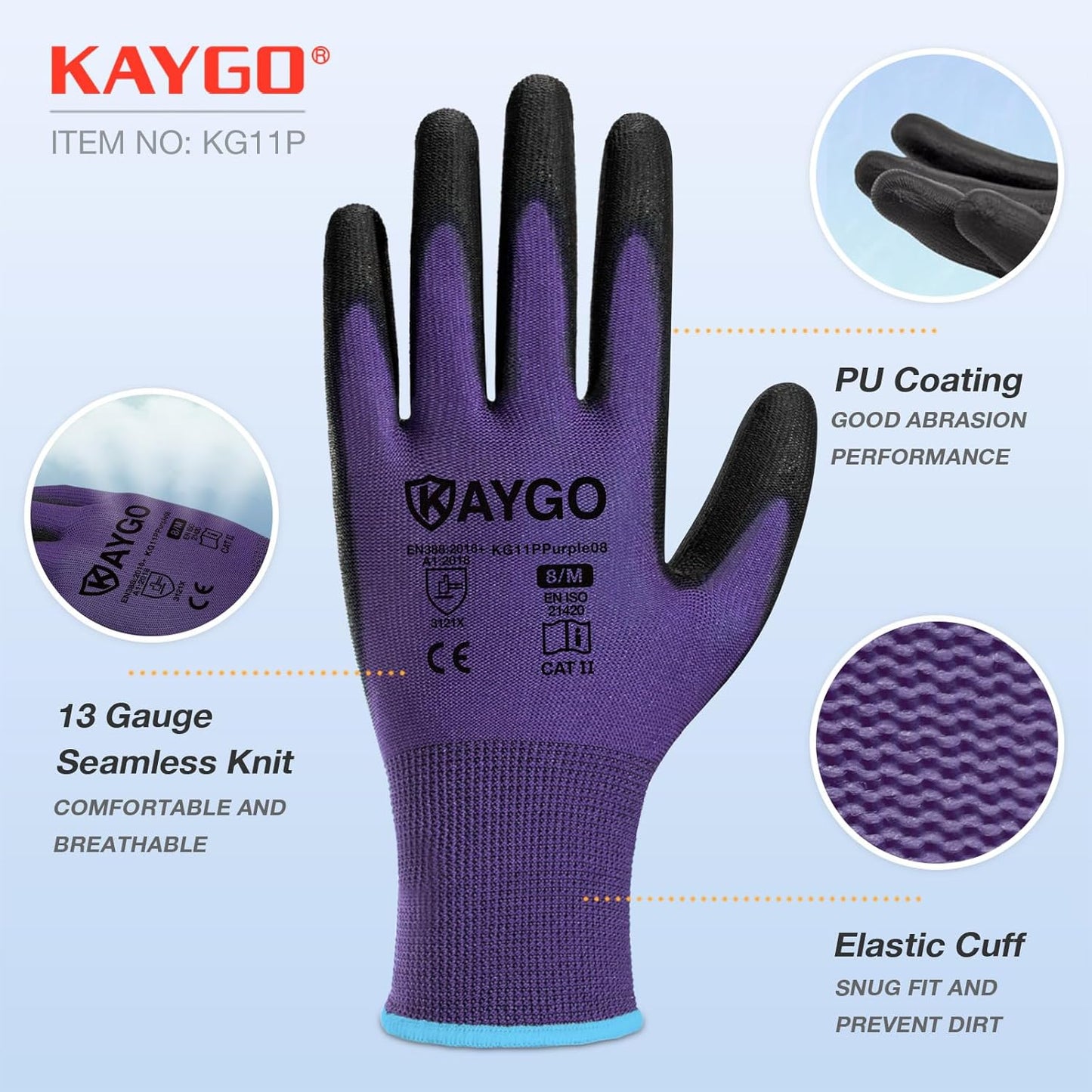 KAYGO Safety Work Gloves PU Coated,12 Pairs KG11PB Seamless Knit Glove for Men and Women, with Smooth Grip on Palm and Fingers, Ideal for General Duty Work (M, Purple)