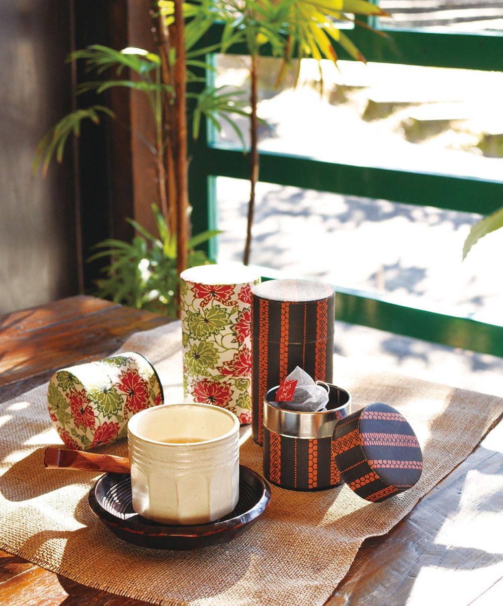 Japanese Pokkan Coffee Spice Tea Tin Canister Washi Paper Storage with Lid 7.05 oz Capacity (Eto)