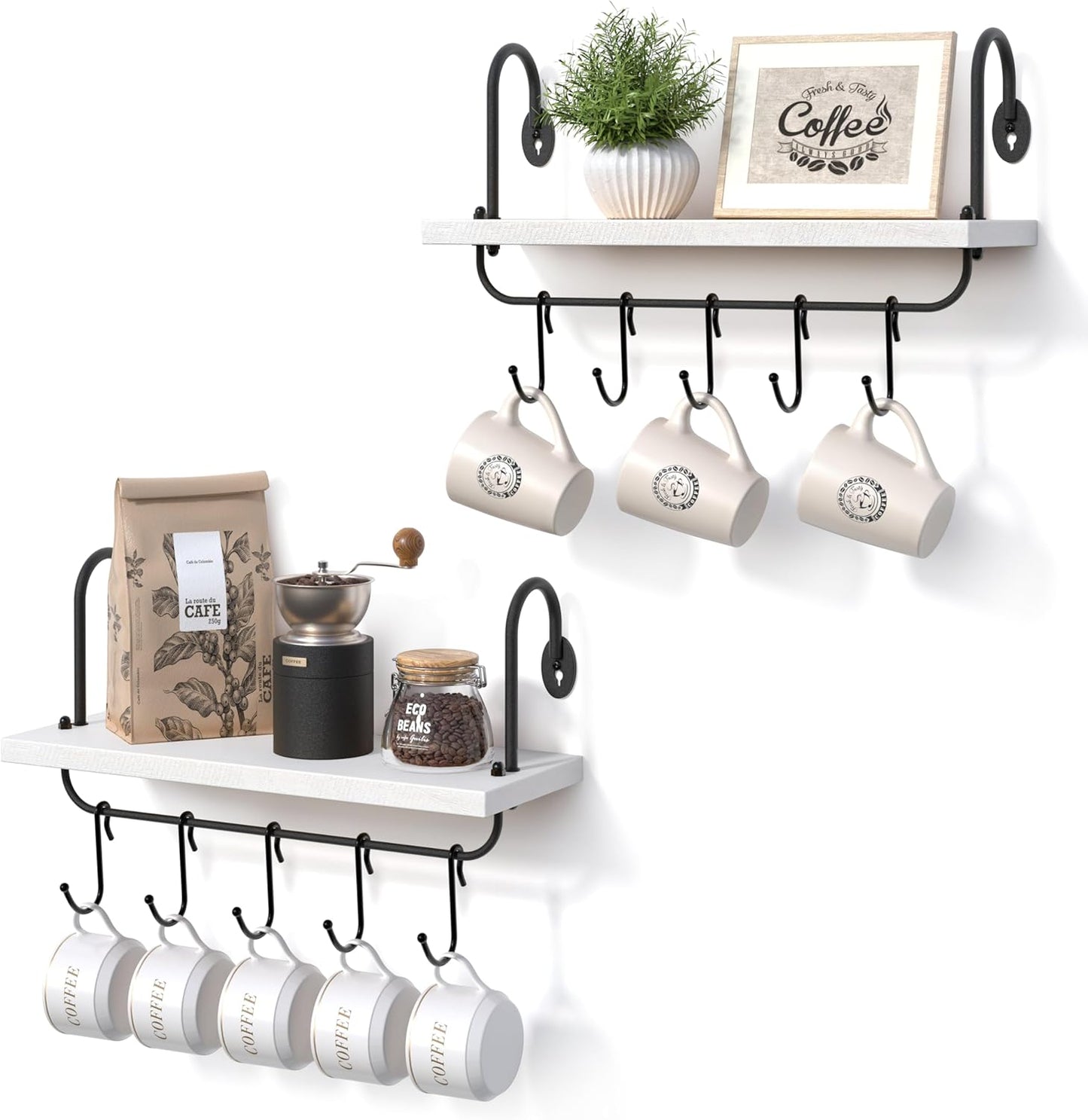 Olakee Floating Wall Shelves for Kitchen Bathroom Coffee Nook with 10 Adjustable Hooks for Mugs Cooking Utensils or Towel Rustic Storage Shelves Set of 2/17x5.9 inch (White)