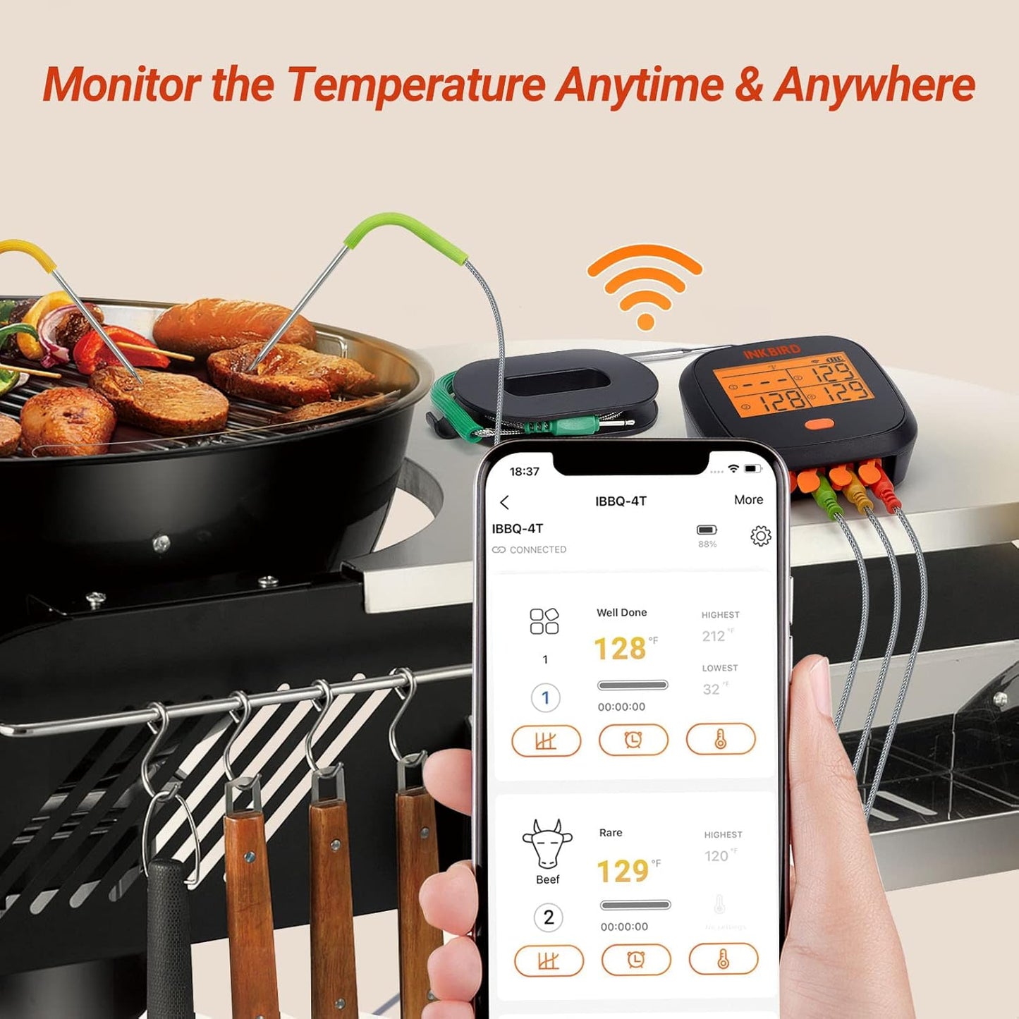Inkbird WiFi Meat Thermometer for Grilling, Unlimited Rang Rechargeable BBQ Thermometer APP Calibration, Temp Graph Mobile Notification, 4 Colorful Probes Food Thermometer for Pellet Smoker Oven