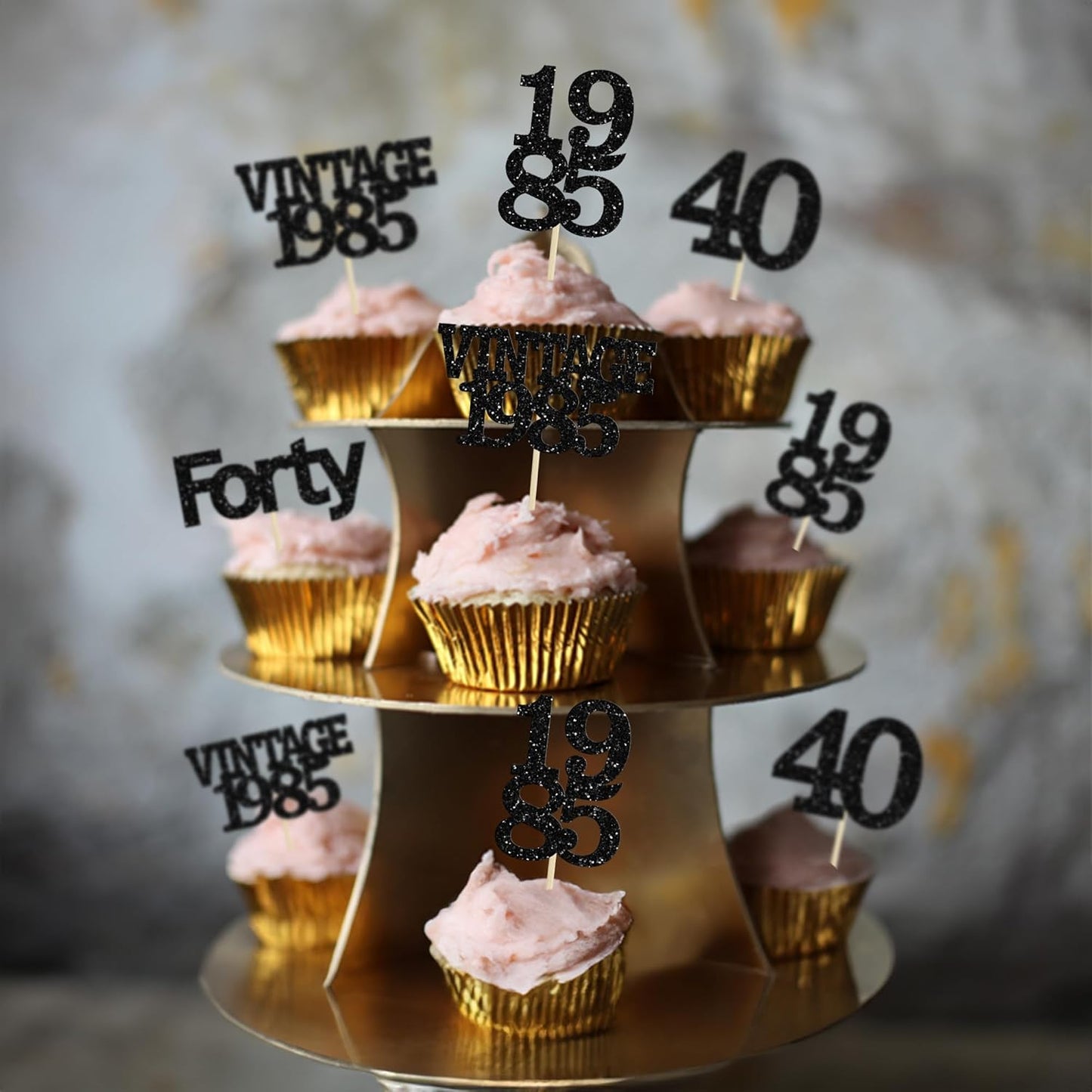 Gyufise 24Pcs Vintage 1985 Cupcake Toppers Glitter Cheers to 40 Fabulous Forty Cupcake Picks 40th Birthday Wedding Anniversary Party Cake Decorations Supplies Black