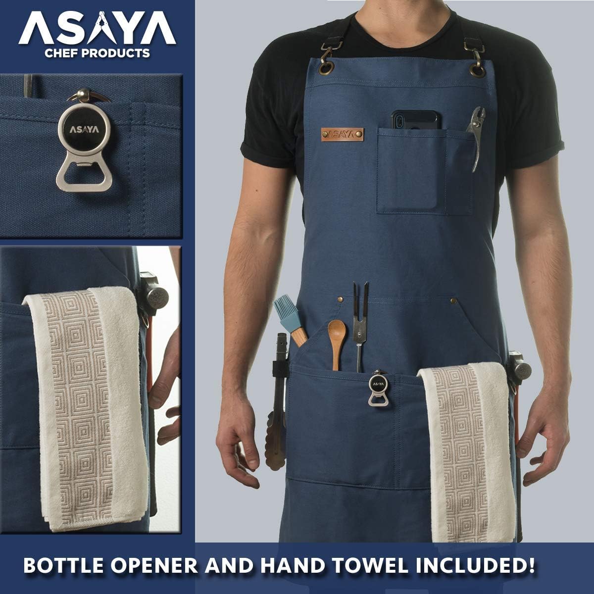 Asaya Chef and BBQ Apron with Bottle Opener and Hand Towel - 10oz Cotton Canvas, Stainless Steel Hardware - Cross Back Straps