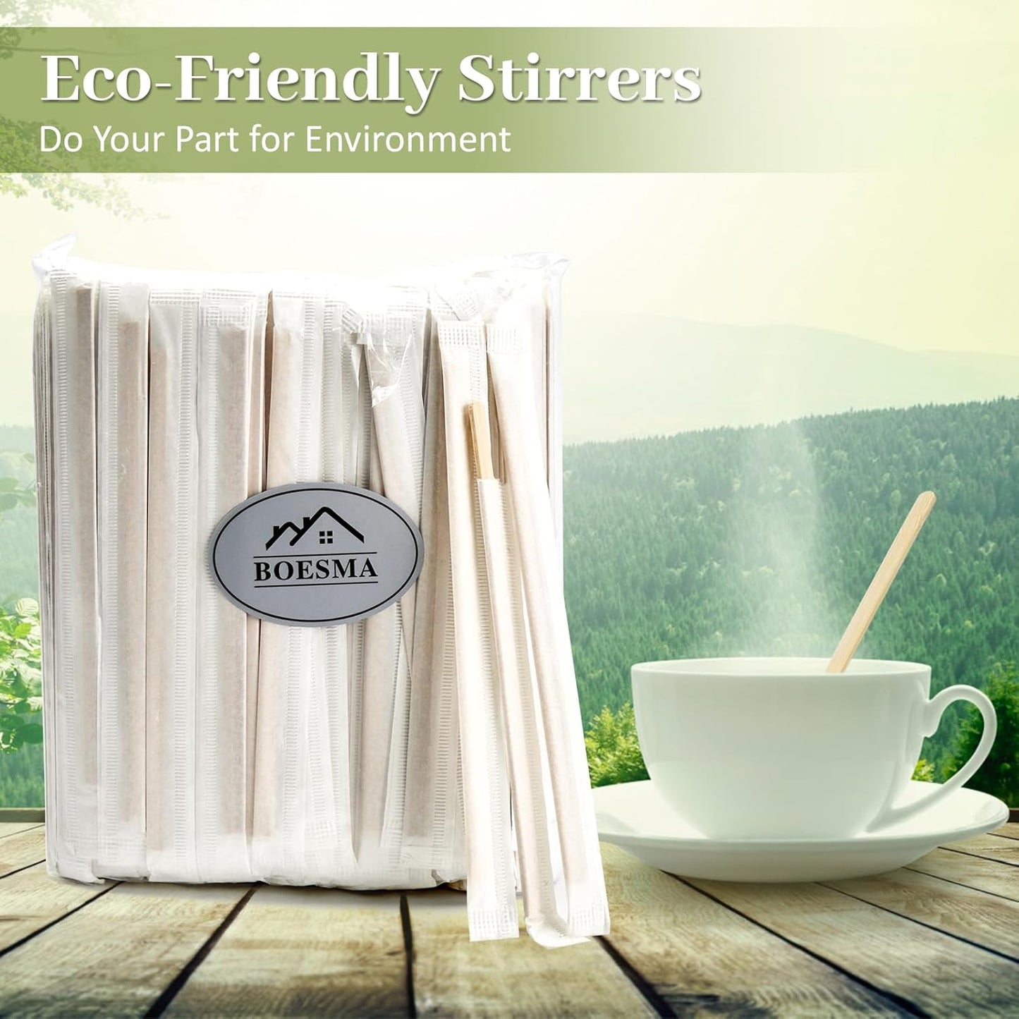 Bamboo Coffee Stirrers Individually Wrapped 500 Count, 7 inch Coffee Stir Sticks - For Hot Drinks and Cocktails, Smooth End, Disposable and Travel-Friendly