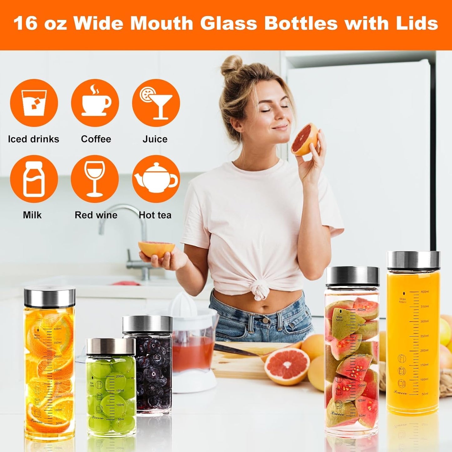 Glass Juice Bottles 4 Pack 20 oz - Wide Mouth Glass Water Bottles with Lids - for Juicing, Protein, Smoothie, Milk, Reusable, BPA Free, Stainless Steel Lids, Blender, Shaker Bottle (20oz/600ml)