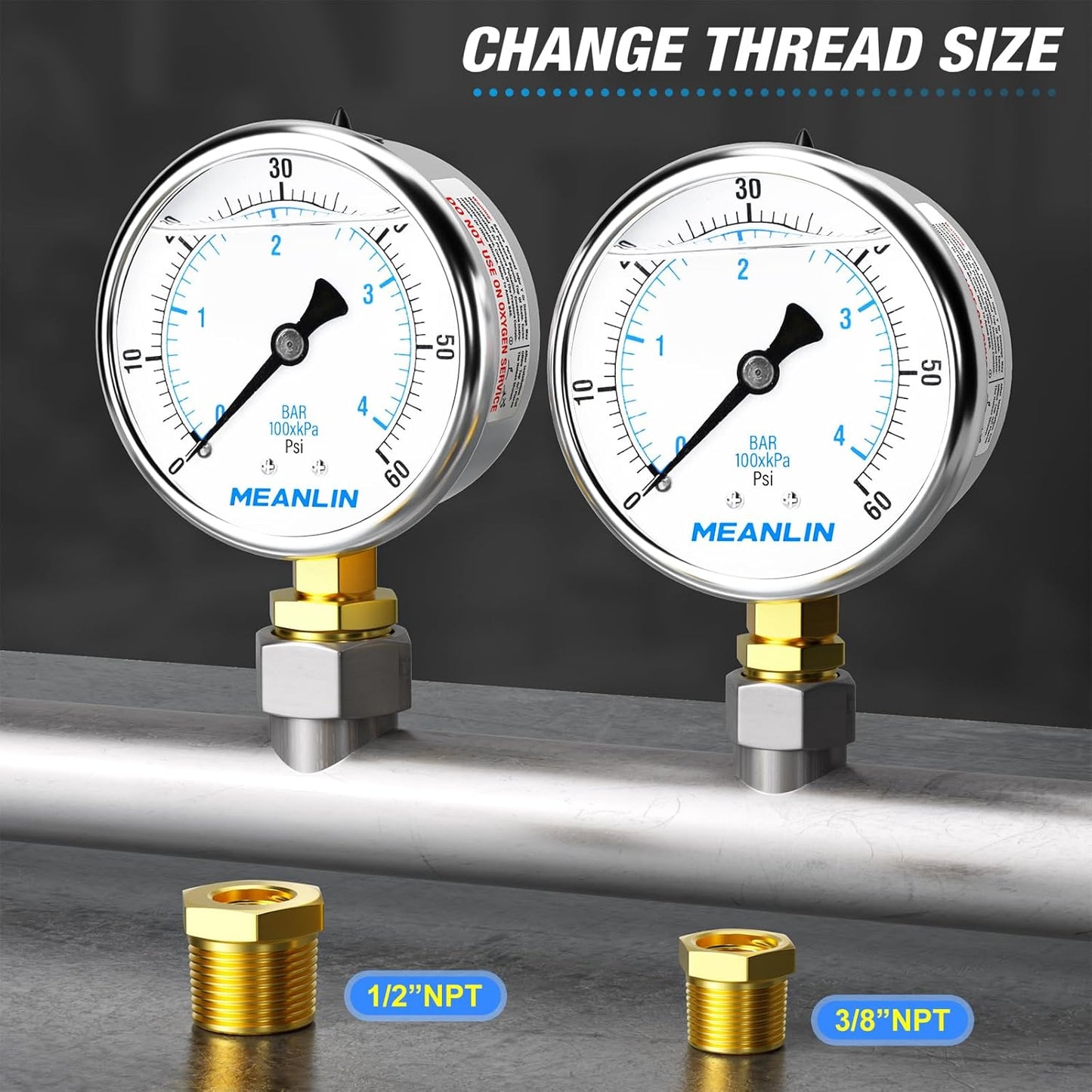 MEANLIN MEASURE 0~60Psi Stainless Steel 1/4" NPT 2.5" FACE DIAL Liquid Filled Pressure Gauge, Pool Sand Filter Pressure Test Lower Mount, with 1/2" NPT and 3/8" NPT Hex Bushing