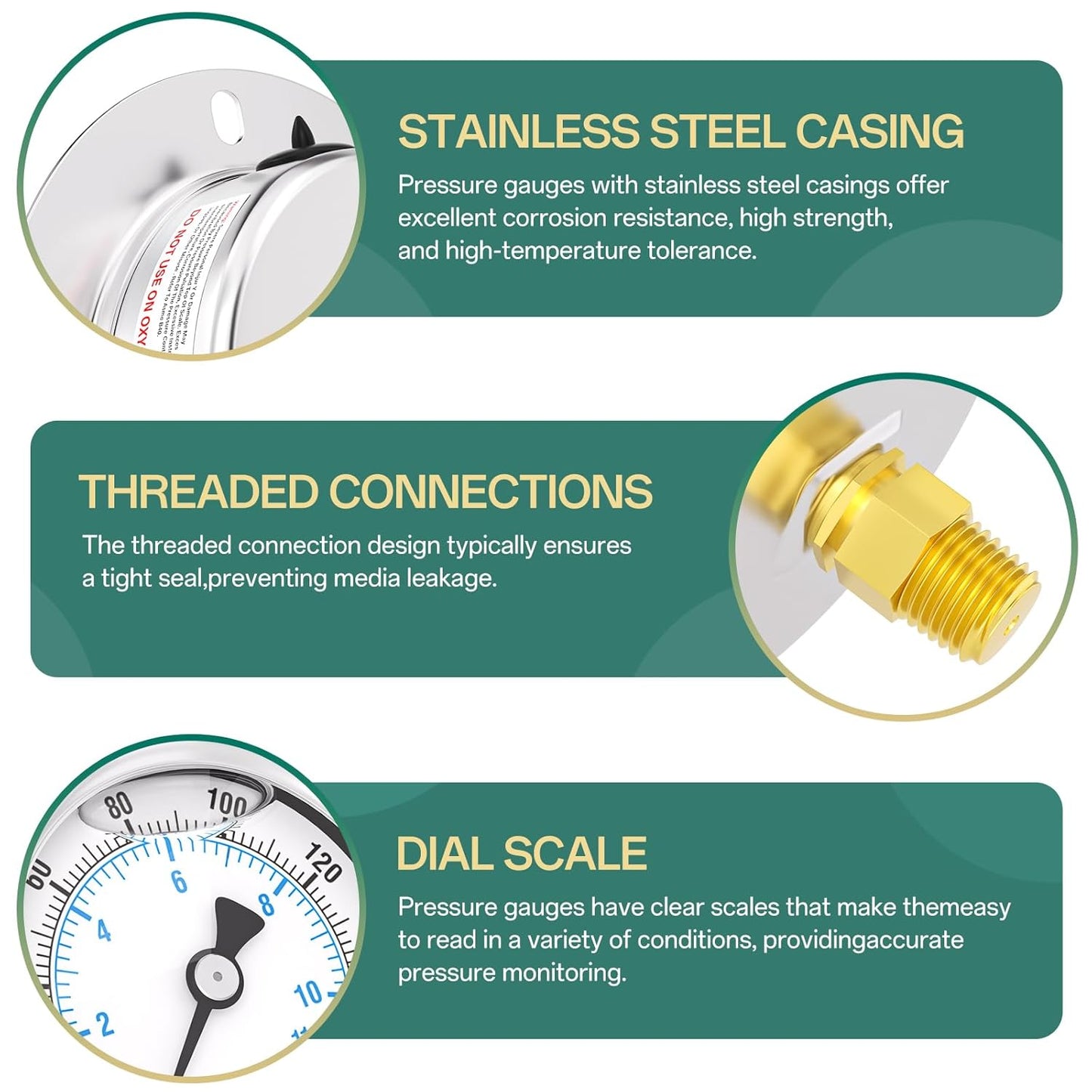 0-160PSI Panel Mount Front Flanged Glycerin Filled Pressure Gauge, 2.5" Dial Size, 1/4" MNPT Back Mount, Stainless Steel Case, with Phillips Screw and Nut, for Water, Gas, Liquid Pressure