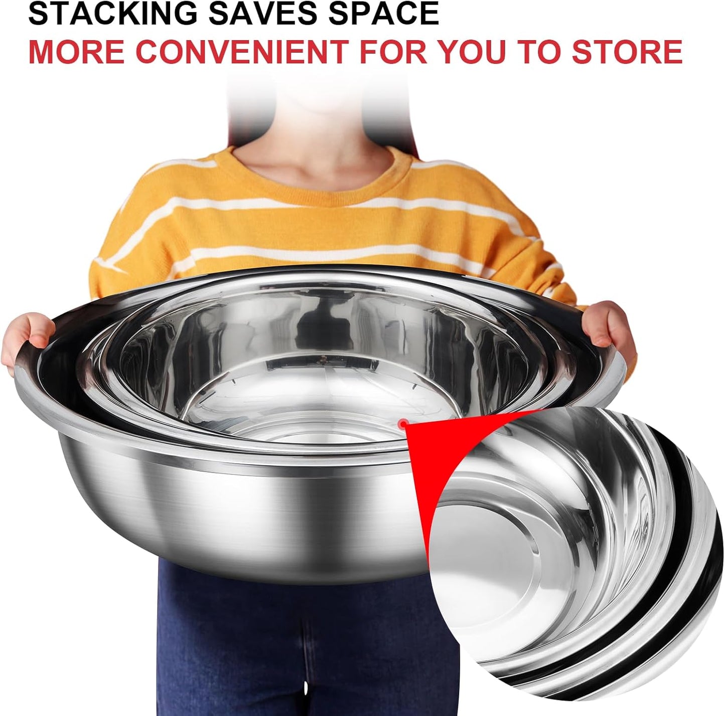 Domensi Set of 3 Extra Large Stainless Steel Mixing Bowls Large Mixing Container Easy to Clean, Nesting Bowls for Space Saving Storage for Cooking, Baking(201 Stainless Steel,13, 16, 20 Quart)