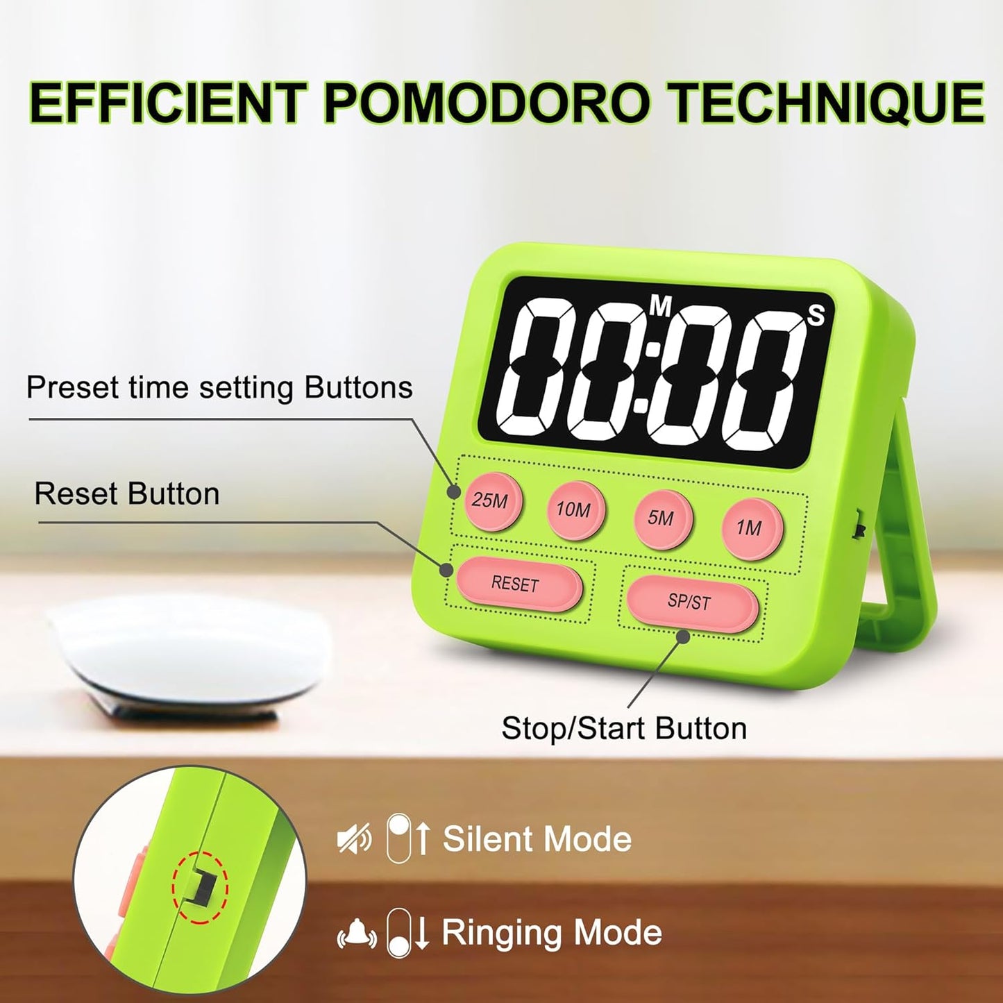 Pomodoro Timer for Kids, Productivity Timer with Loud Alarm, Digital Timers for Classroom, Suitable for ADHD Study Kitchen Work 1Pcs-Green