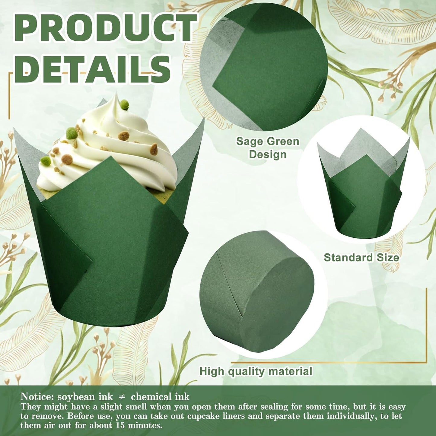 180Pcs Sage Green Tulip Cupcake Liners Gradient Green Muffin Baking Cups Cupcake Wrappers for Wedding Bridal Shower Spring Holiday Party Supplies