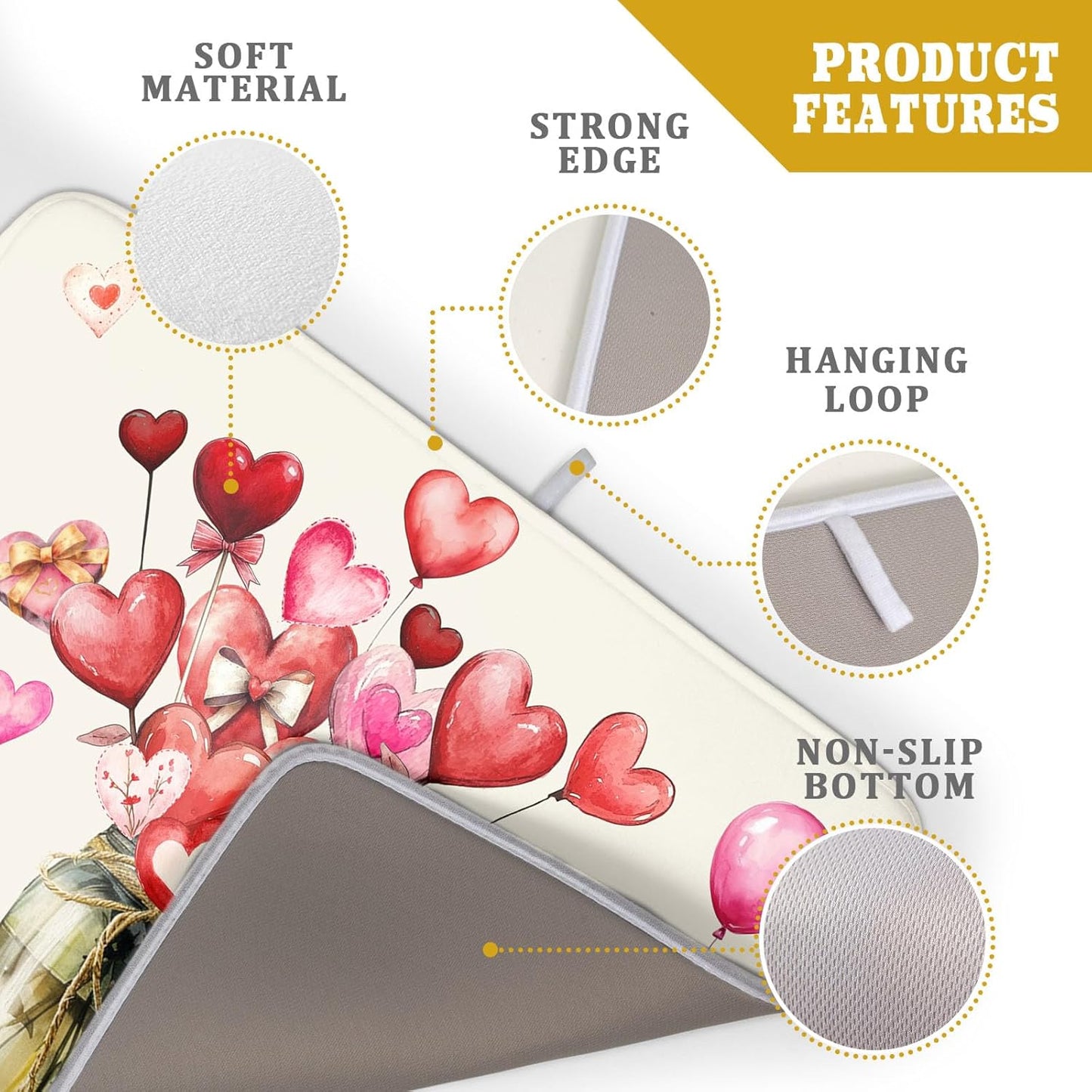 Valentine's Day Dish Drying Mat for Kitchen Counter,Red Love Canes Hearts Decorative Mason Jar Drying Mat 18 x 24 Inch with High Absorbent Microfiber Drainer Mat for Coffee Bar