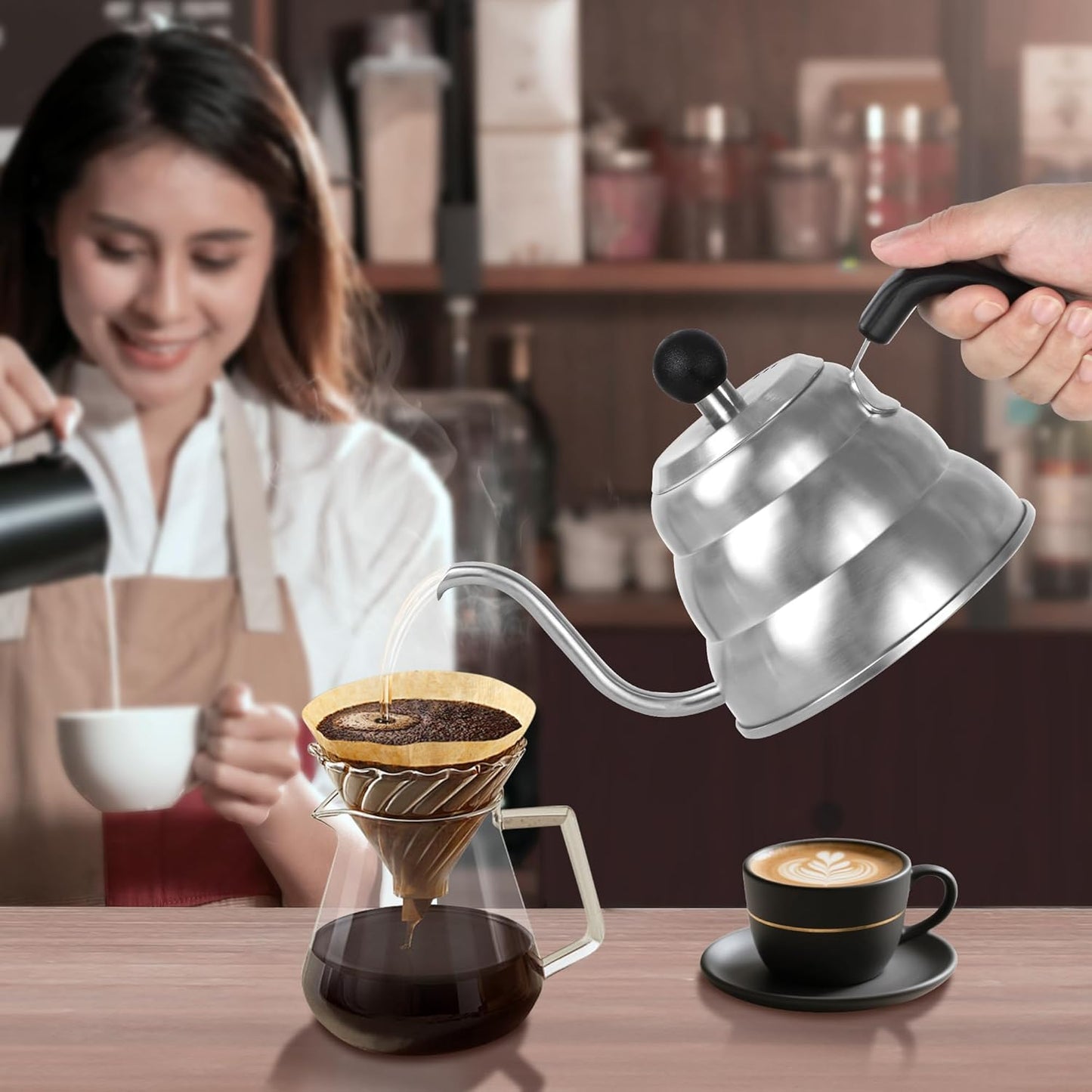 Stainless Steel Tea Kettle 800ml W/O Thermometer Gooseneck Kettle for Stovetop Pour Over Coffee Kettle Precision Pour Drip Spout Tea Pot 28oz,4 Cup,Silver,1Pack