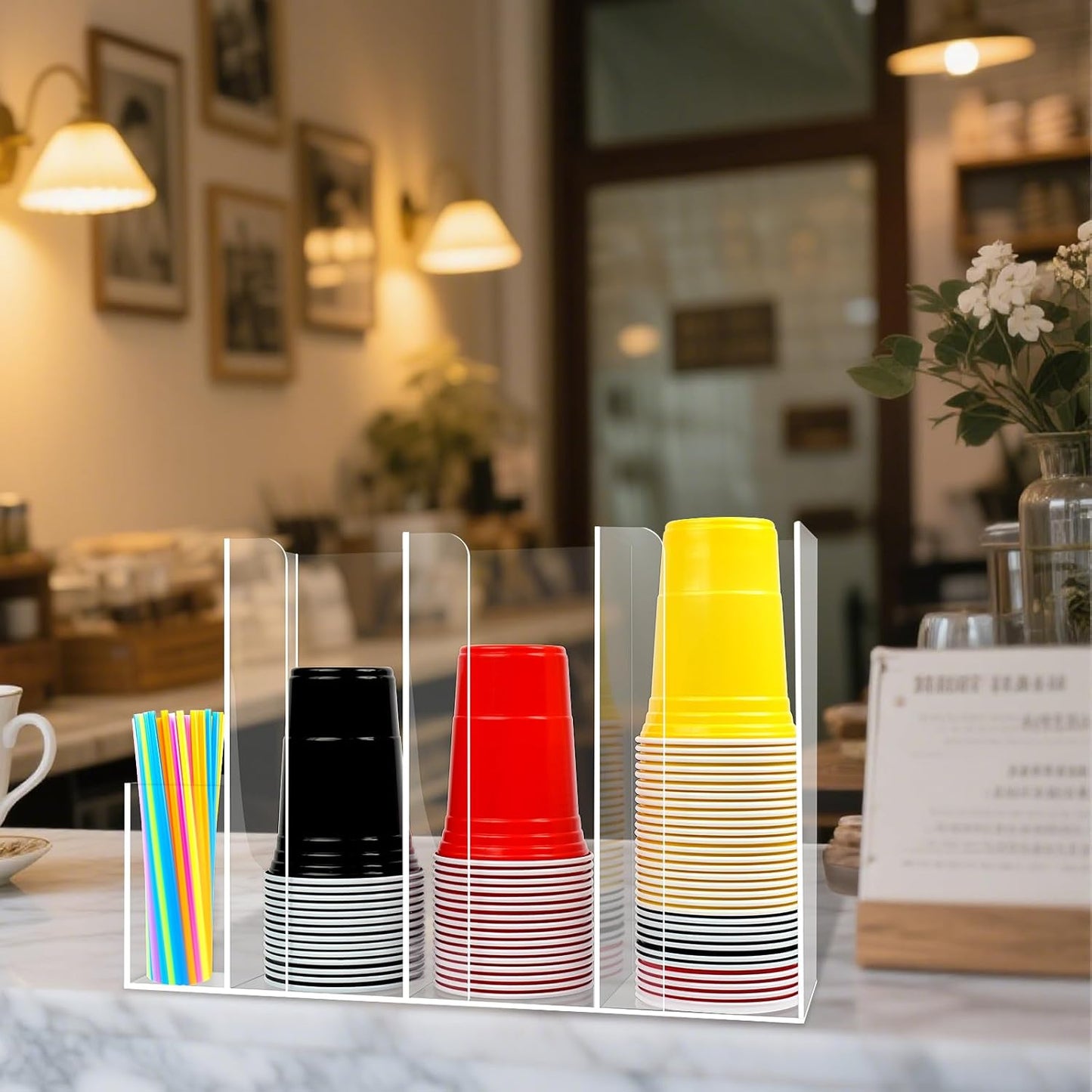 4 Compartments Acrylic Cup and Lid Holder, Clear Disposable Coffee Cup Holder Organizer,Cup Dispenser for Kitchen Bar Shop Party Supplies
