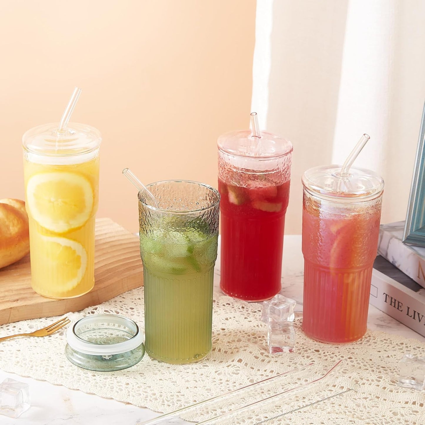 GOSCHE 20oz Glass Cups with Straws and Lids, Drinking Jar 2 Packs, Iced Coffee Cups Glass Tumblers for Water Smoothie Milkshake, Iridescent