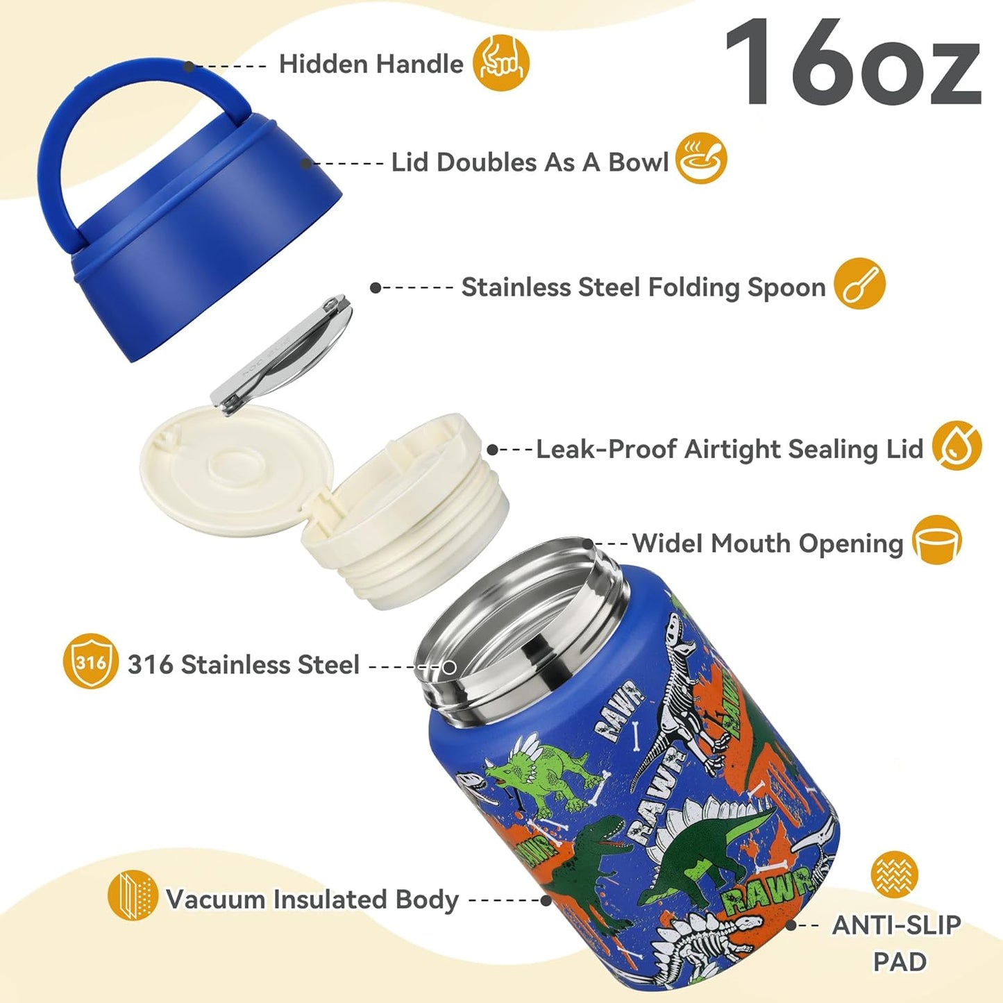 Soup Thermo for Hot Food Kids 16oz Insulated Food Jar Leakproof Thermo Lunch Container for Kids Wide-Mouth Stainless Steel Lunch Box for School with Handle Folding Spoon(3+)