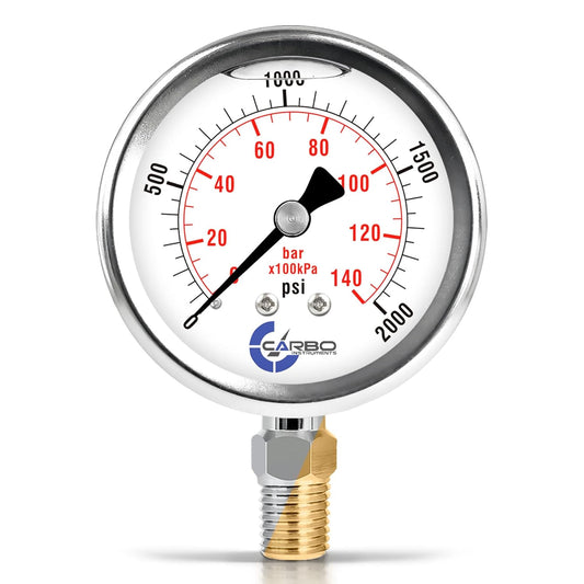 Stainless Steel Pressure Gauge Dual Display (0-2000 psi/kPa) - 2 1-2" Glycerine Liquid Filled Water Air Oil Gas Gauge with Polycarbonate Lens & Brass Connection -1/4" NPT Lower Mount