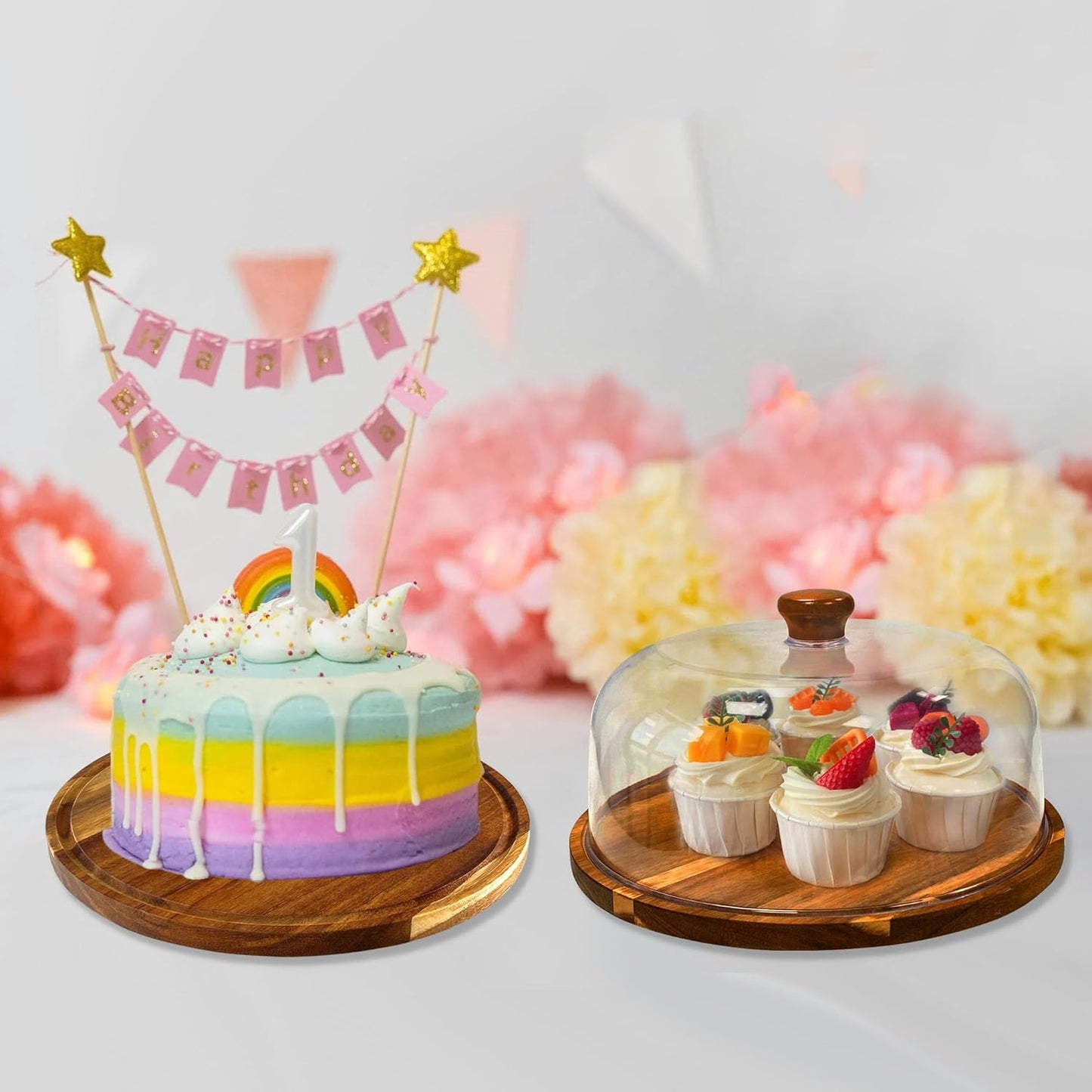Wood-Cake-Stand With Acrylic Dome Lid, Round Wooden Cake Holder Plate With Cover, 2-in-1 Dessert Table Display Set For Party, Charcuterie Board For Cheese, Chips & Dips, Nachos, Fruit Platter