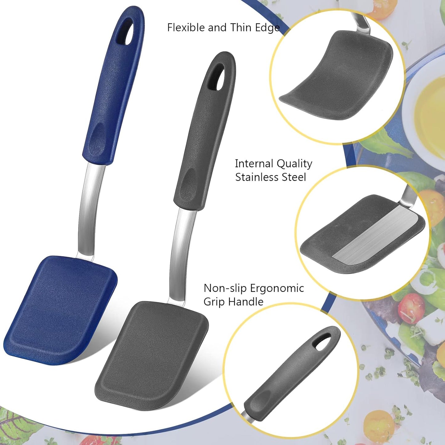 Silicone Cookie Spatula Turner 2 Pack Mini Brownie Spatula Flexible Kitchen Small Silicone Turner for Nonstick Cookware Heat Resistant No Scratch Flipper for Egg Pancake(Gray, Blue)
