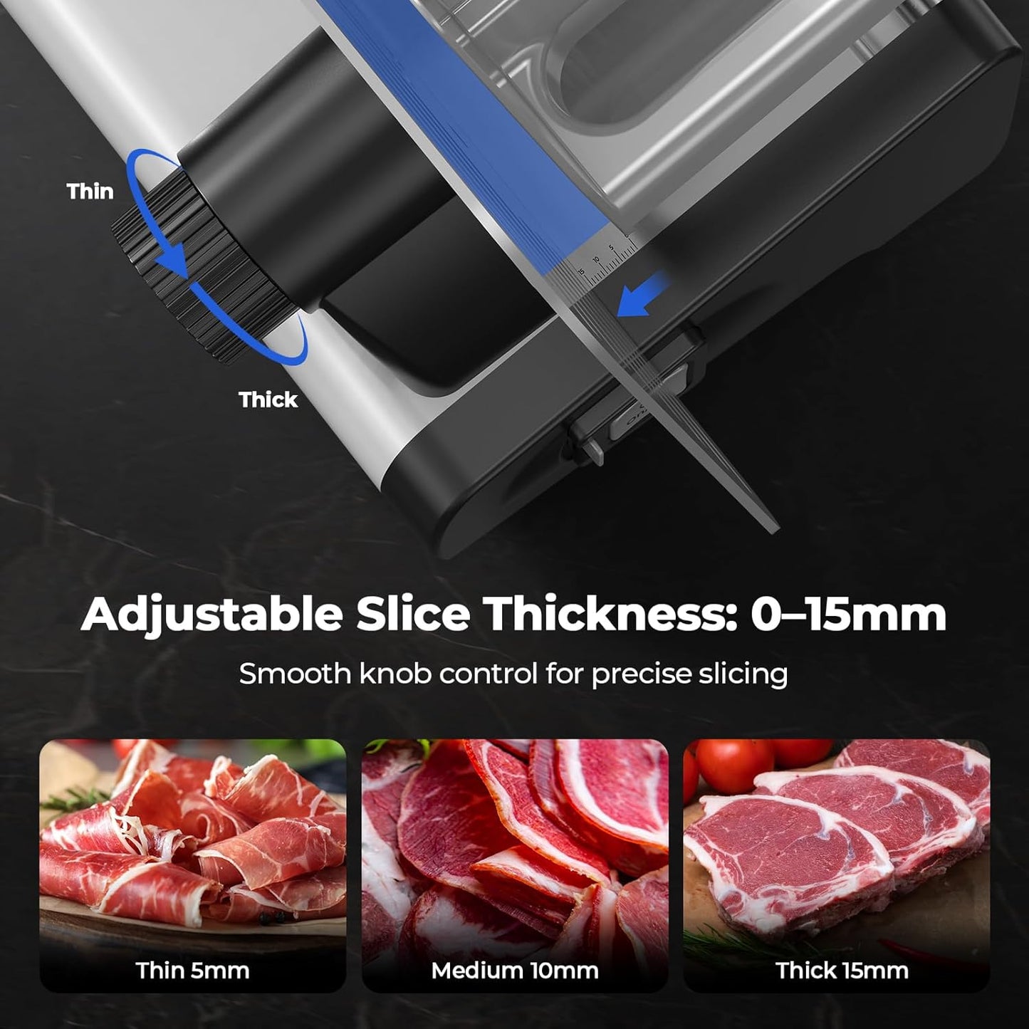 OSTBA Electric Meat Slicer with 200W DC Motor, 2 Removable 8.7” Stainless Steel Blades, Adjustable Thickness 0–15mm, Food Tray & Hand Grip, Deli Food Slicer for Meat, Cheese, Bread, Vegetables