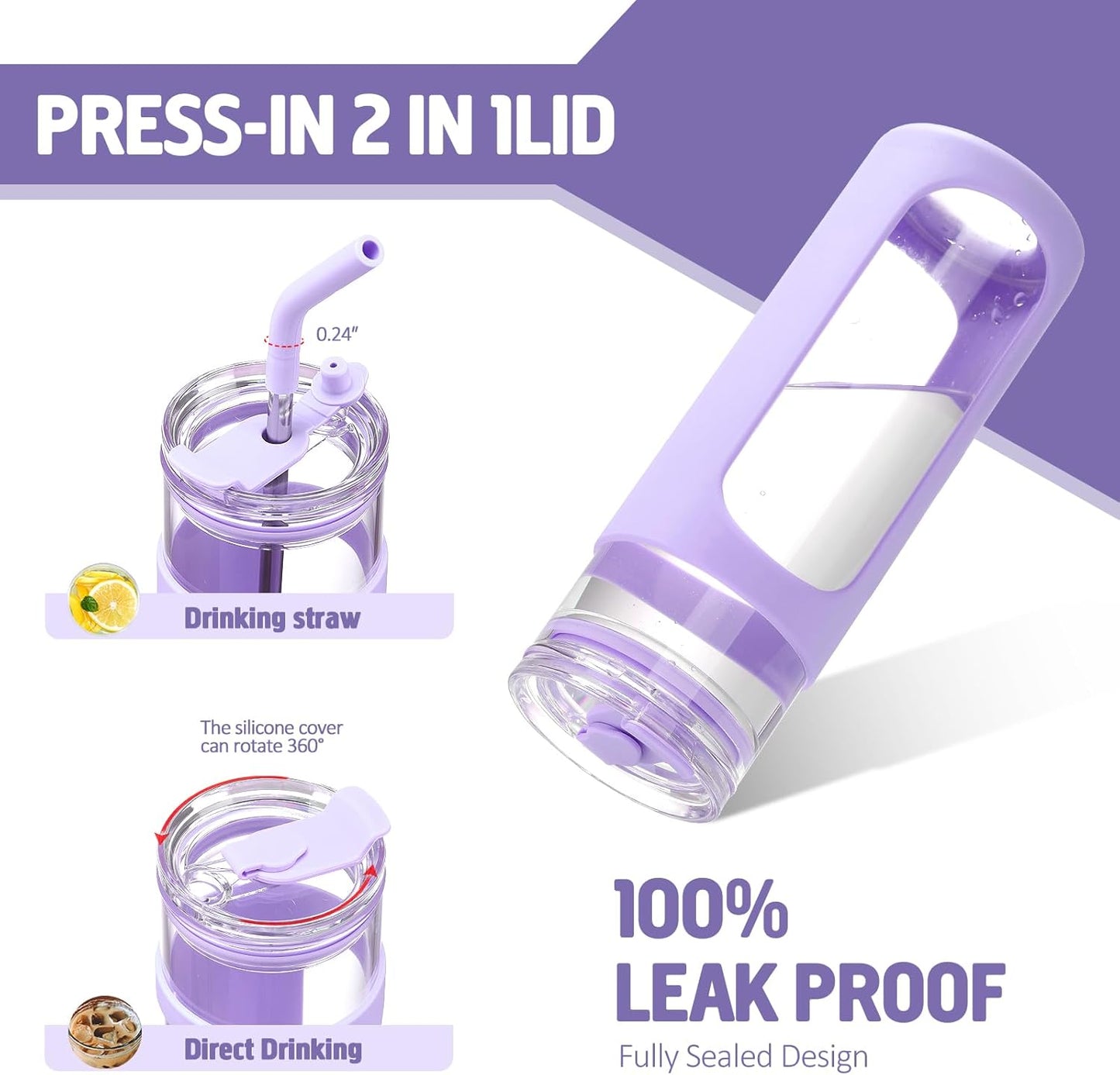 Kodrine 24oz Glass Tumbler with 2 Lids and Straws, Glass Cup With Bamboo Lid and On-the-go Lid, Reusable Iced Coffee Cup, Ideal for Smoothie, Cold Drinks, Fit Cup Holder, BPA Free (1, Purple)