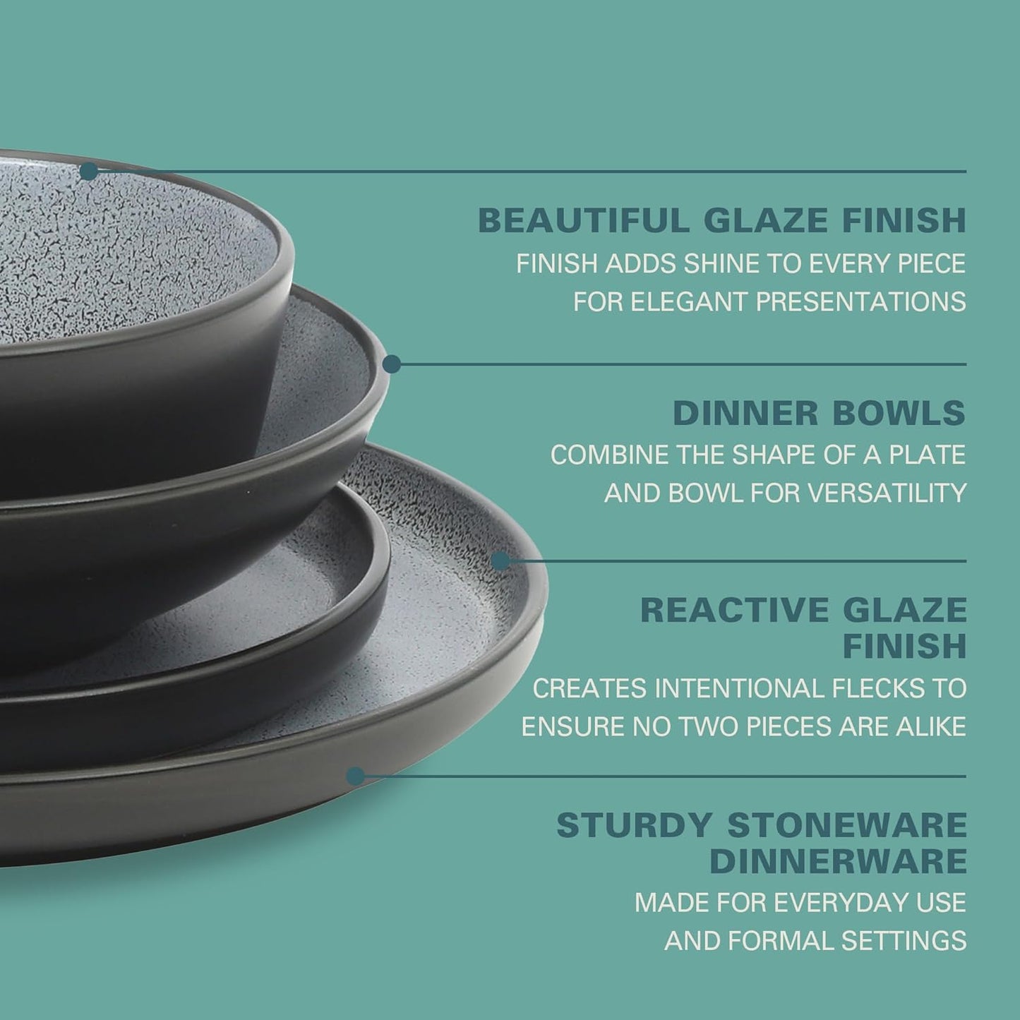 Gibson Elite Tribeca Loft 16-Piece Dinnerware Set – Matte Black and Blue Reactive Glaze Stoneware, Double Bowl Round Plates and Bowls – Modern Rustic Dinnerware for 4, Dishwasher & Microwave Safe