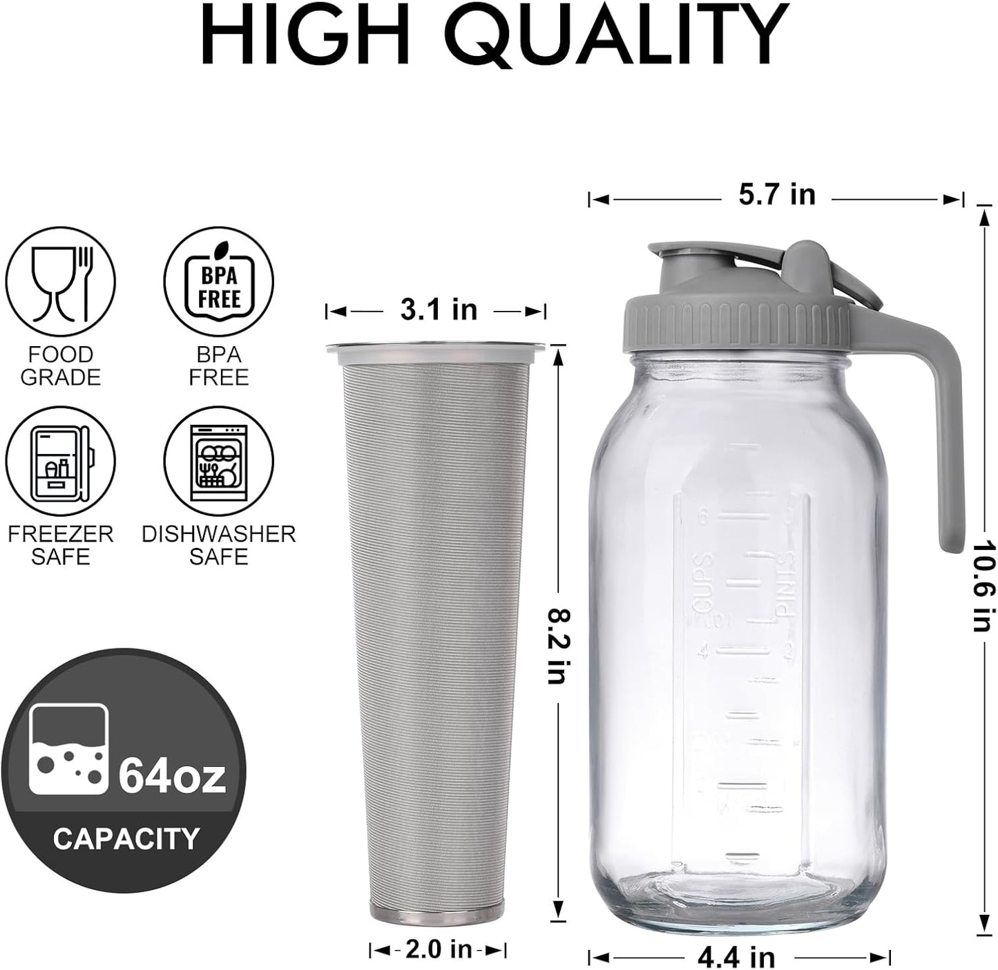 Cold Brew Mason Jar iced Coffee Maker, Durable Glass, - 64 oz (2 Quart / 1.9 Liter), With Handle& Stainless Steel Filter for Iced Brew Coffee, Lemonade, Ice Tea, Homemade Fruit Drinks Container