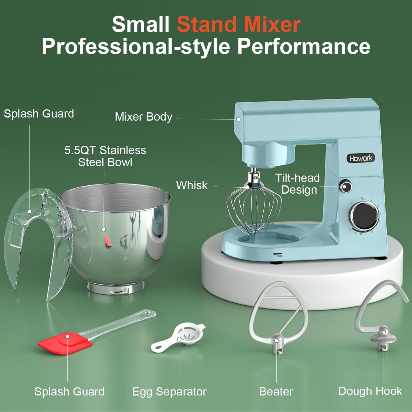 HOWORK Stand Mixer,10+p Speeds With 5.5QT Stainless Steel Bowl,Dough Hook, Wire Whip & Beater,for Most Home Cooks,Blue