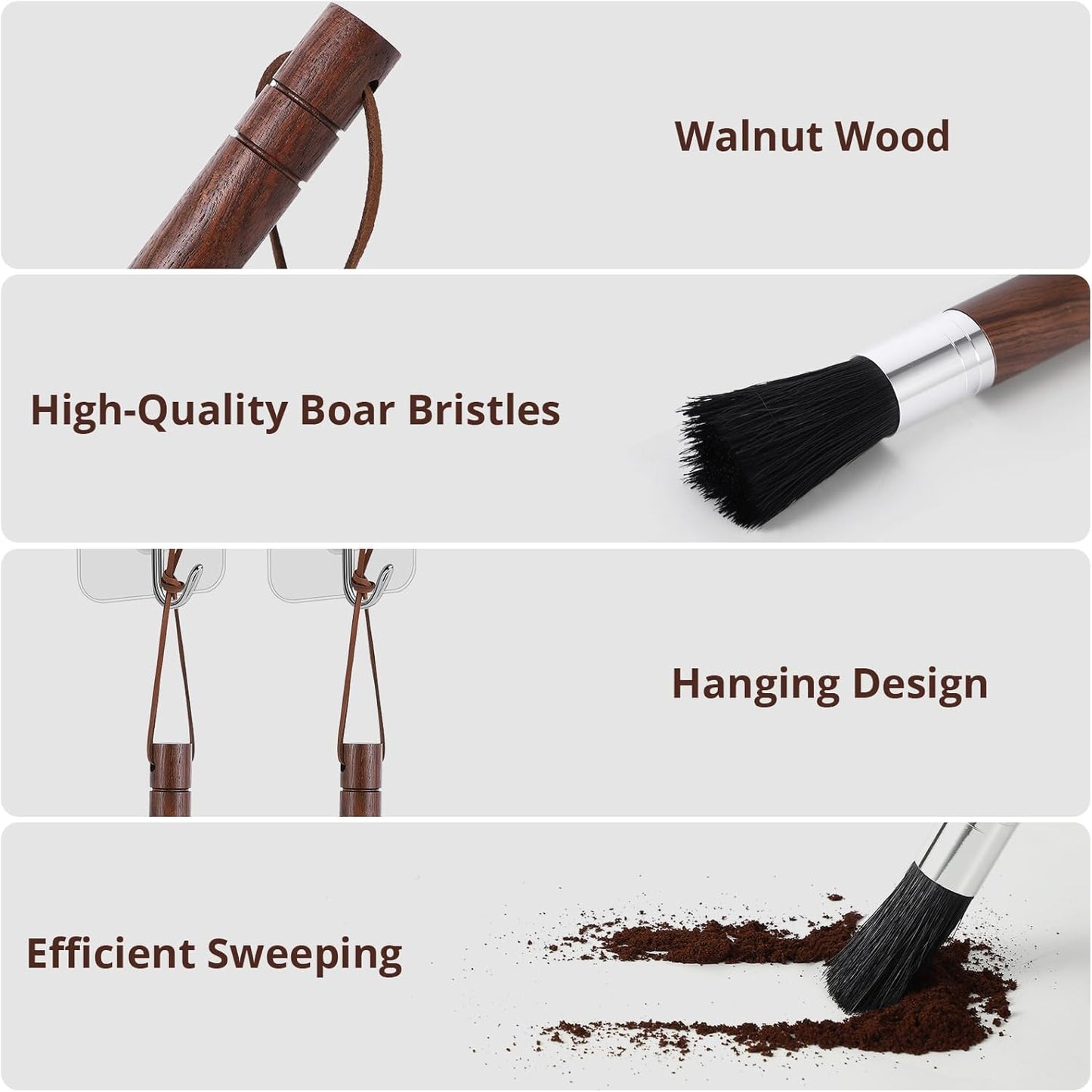 2-Pack Coffee Grinder Cleaning Brush with Natural Walnut Wood Handle and Black Boar Bristle, Coffee Bar Accessories Coffee Brush, Espresso Machine Cleaning Tool Barista Brush with Hanging Loop