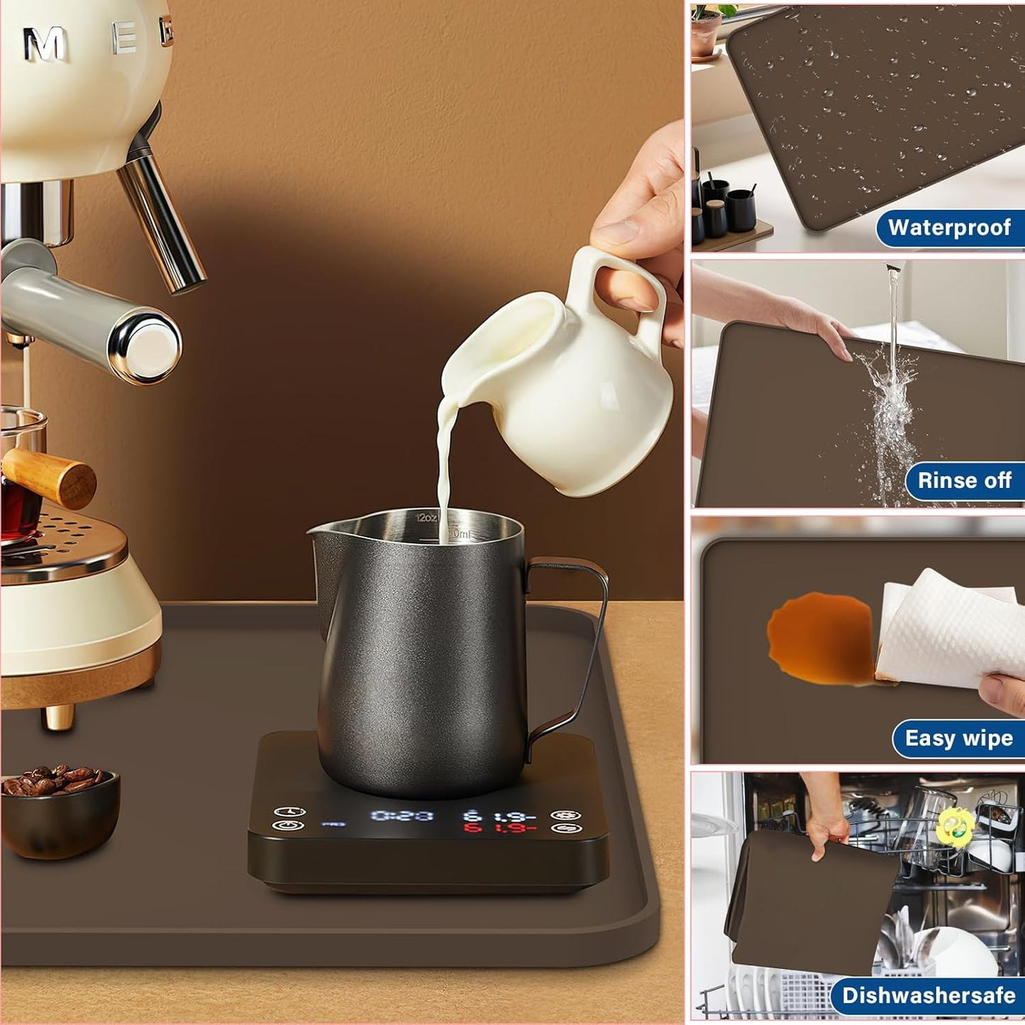 Silicone Coffee Mat - Removable Bar Mat with Concave and Convex Design, Leak-Proof and Non-Slip, Suitable for Use Under the Coffee Machine to Keep the Countertop Clean (brown19"x12")
