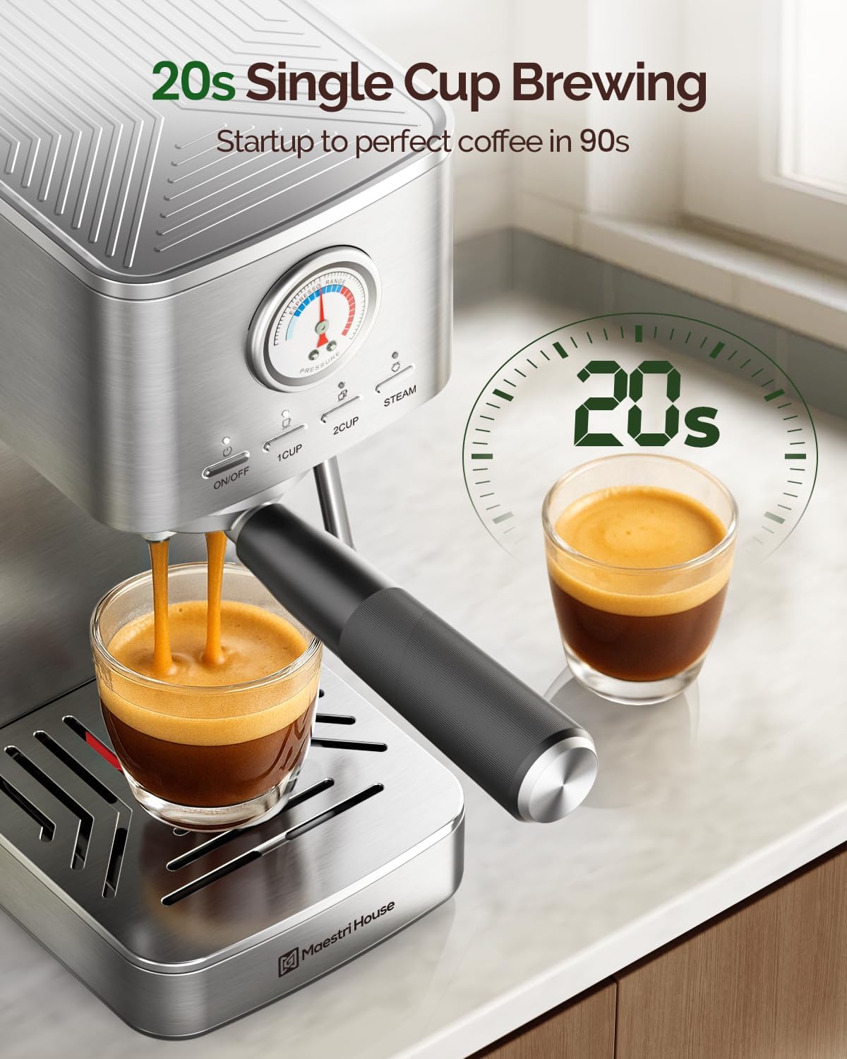 Maestri House Espresso Machine, 20 Bar ULKA Pump, Compact Espresso Maker Built-in Flow Meter Steam Milk Frother, Stainless Steel Coffee Machine for Cappuccino, Latte (Silver)