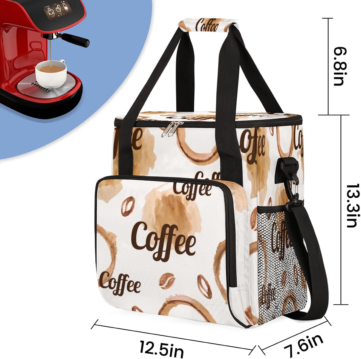 Watercolor Coffee Coffee Maker Carring Bag Coffee Beans Travel Carrying Storage Tote Bag Compatible with Keurig K-Mini or K-Mini Plus Portable Single Serve Coffee Brewer Case with Pockets for K-cup Pods