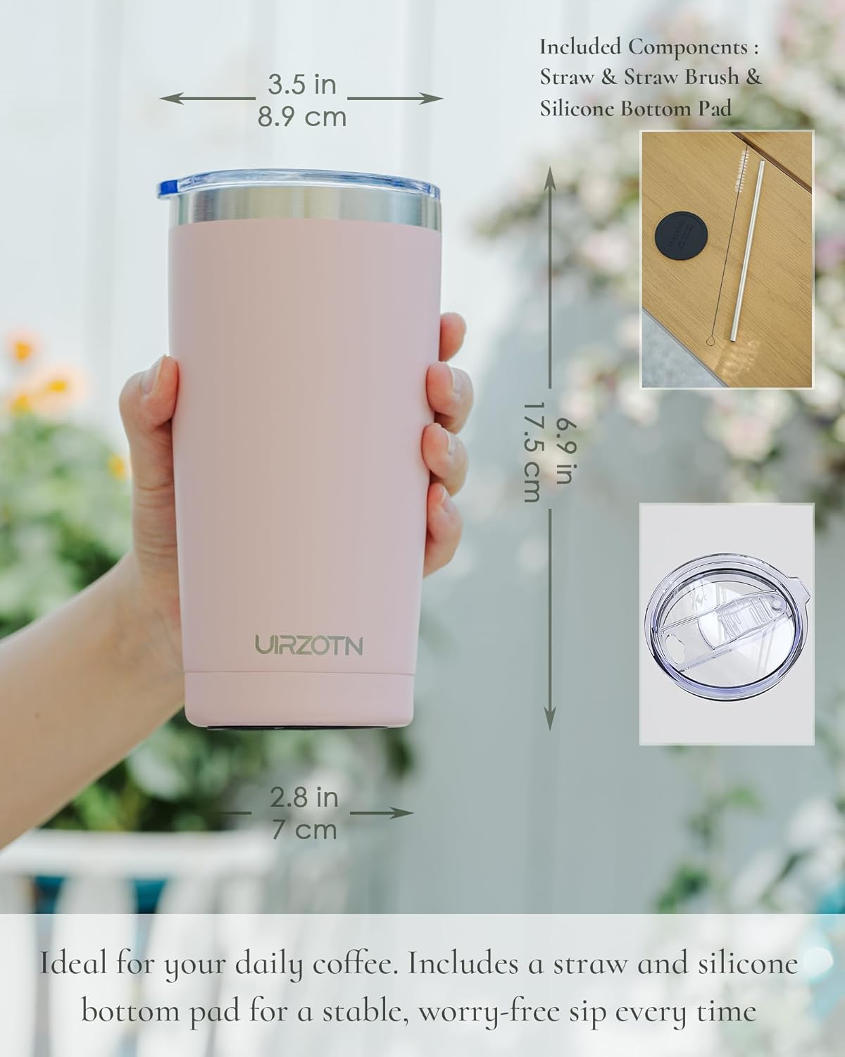 Travel Coffee Tumbler 20oz, Leakproof Travel Coffee Mug with Lid and Straw, Stainless Steel Double Wall Vacuum Insulated Tumbler for Hot/Iced Drinks (Textured Matte, Soft Pink)