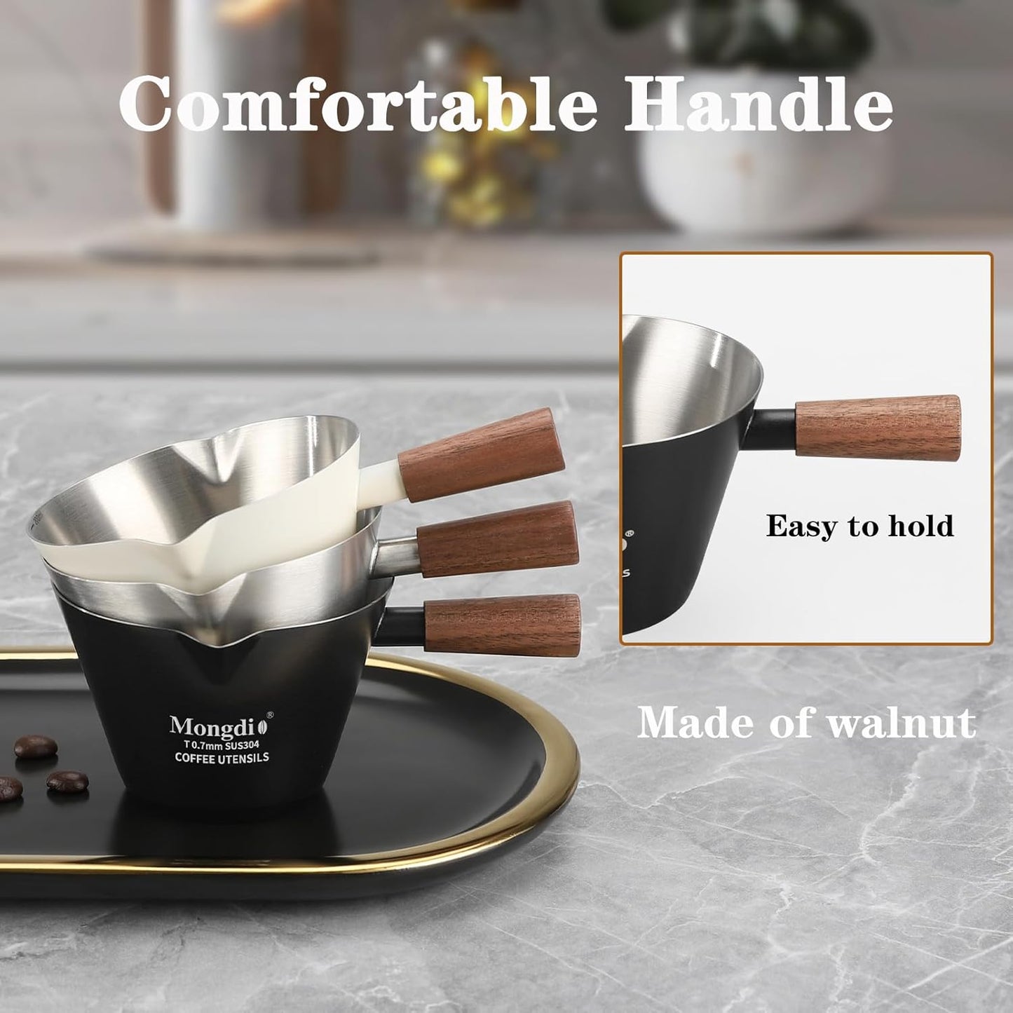 Mongdio 2 Pcs Espresso Measuring Cup, Stainless Steel Espresso Shot Cups with Wooden Handle and Double Spouts, 6.8OZ/200ML, Silver