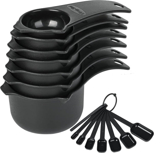 Measuring Cups and Spoons Set 15, 7 Plastic Measuring Cup Spoon Set, 7 Spice Long Handle Measuring Spoons with 1 Leveler for Kitchen and Baking, Dry Metric Measure Cups & Spoons Black