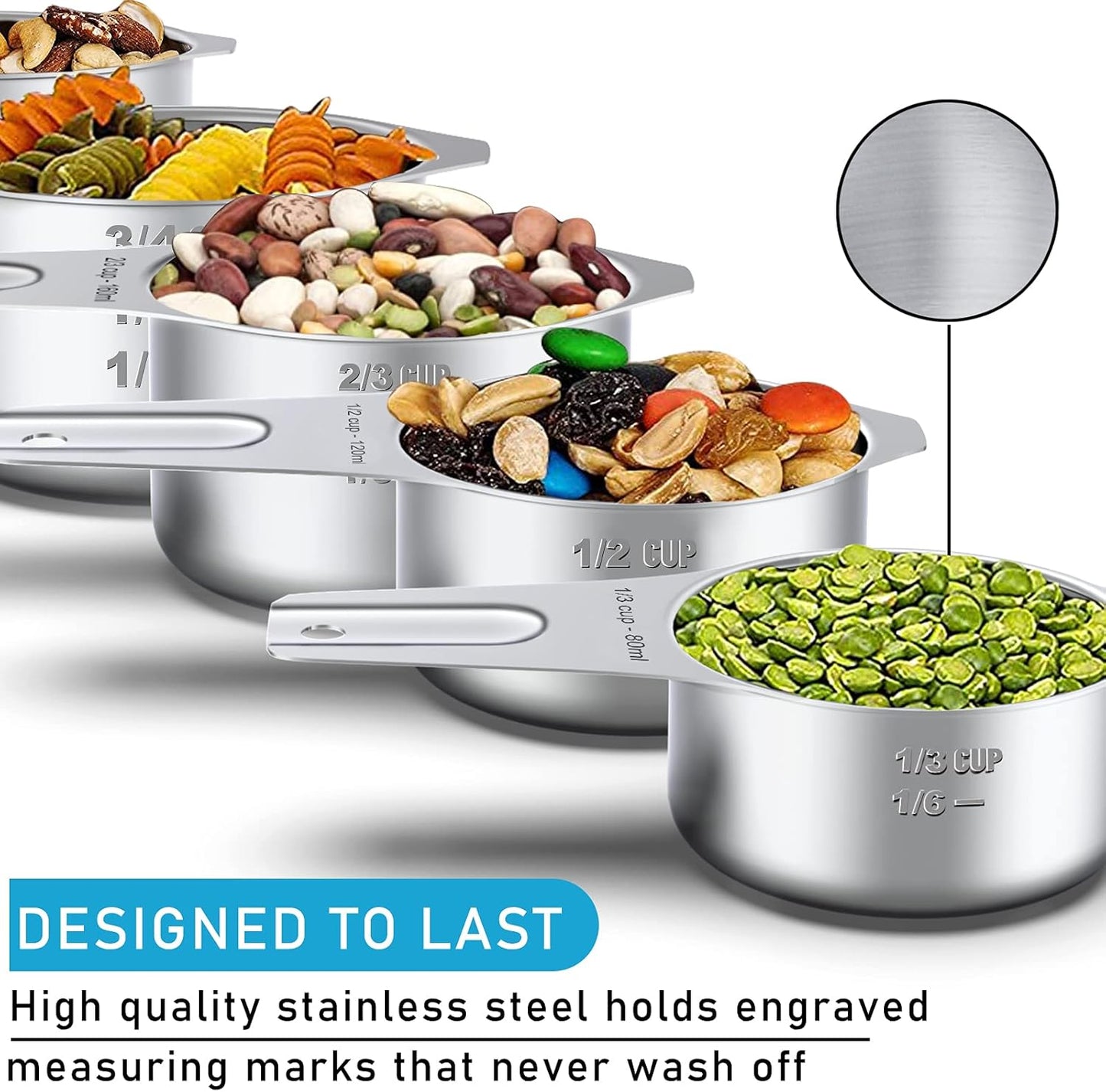 Stainless Steel Measuring Cups, Wildone Metal Measuring Cups Set with Easy to Read Markings for Measuring Dry or Liquid Ingredients, Set of 7