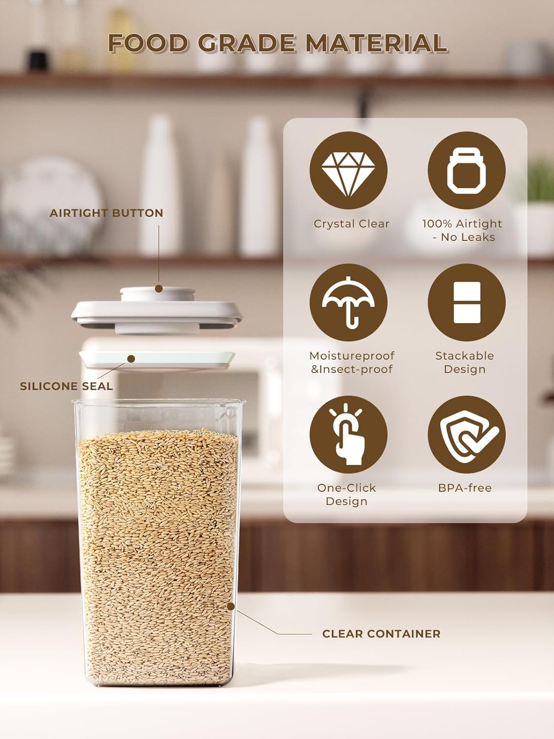 Cereal Containers Storage, 2 Pack Rice Holder, 4.22 Qt - 6 Lbs Food Storage Container Bin with Pop-up Lid for Rice Flour Sugar, Dry Food Holder for Kitchen Pantry Organization and Storage